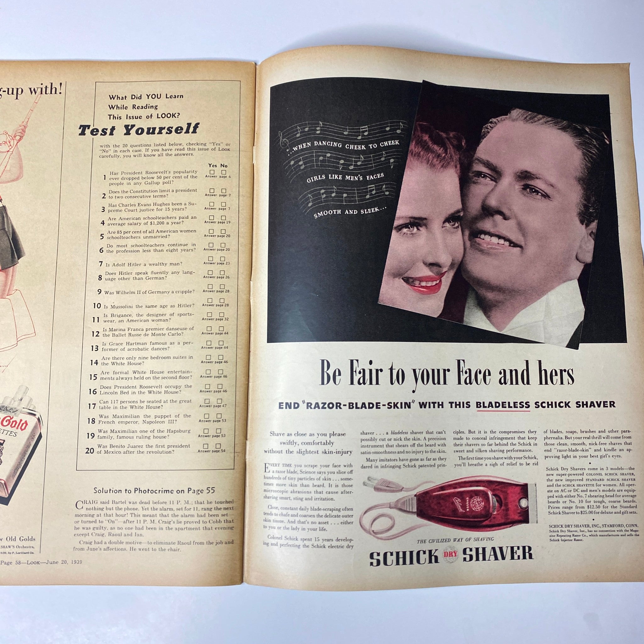 Look Magazine June 20, 1939 includes an advertisement for Schick Shaver, highlighting a couple enjoying a close shave together, emphasizing smooth skin and grooming.