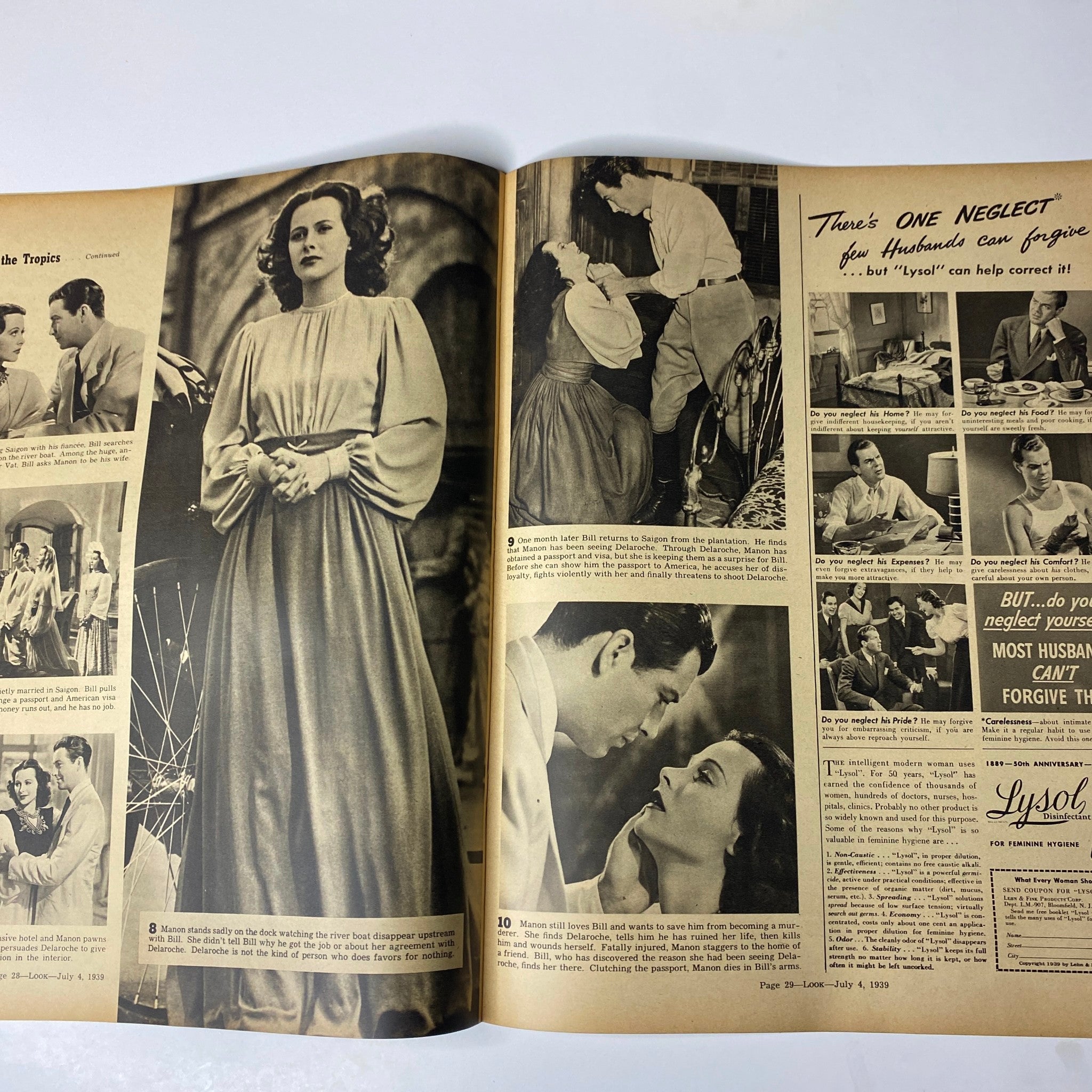 Look Magazine July 4, 1939 featuring a dramatic scene from the film 'Lady of the Tropics', showcasing actors Hedy Lamarr and Robert Taylor. This vintage magazine spread captures iconic Hollywood moments with accompanying advertisements and text.
