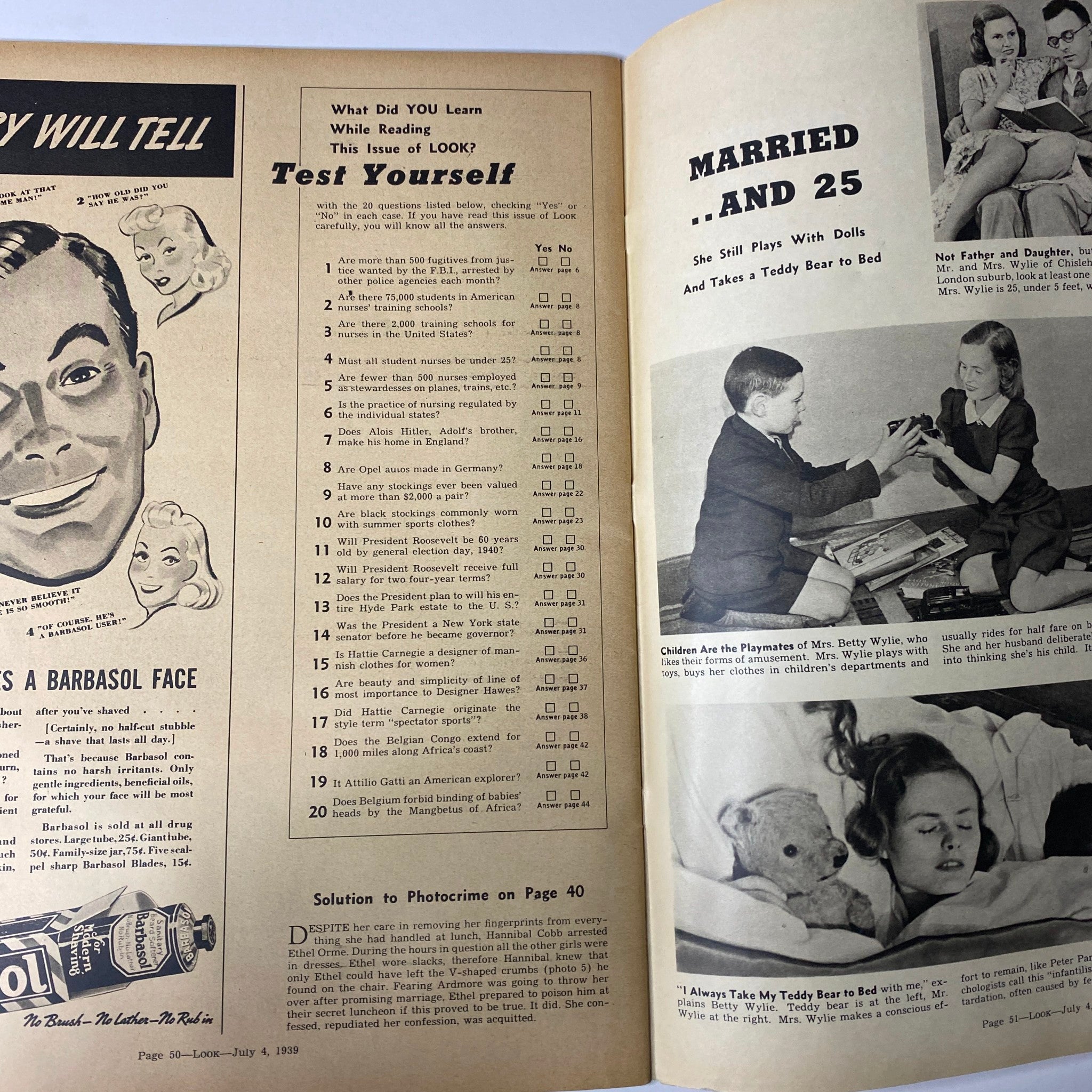 Look Magazine July 4, 1939 page with the 'Test Yourself' feature, engaging readers with trivia questions. The layout includes images of children playing and prompts for audience interaction, highlighting popular cultural themes of the time.
