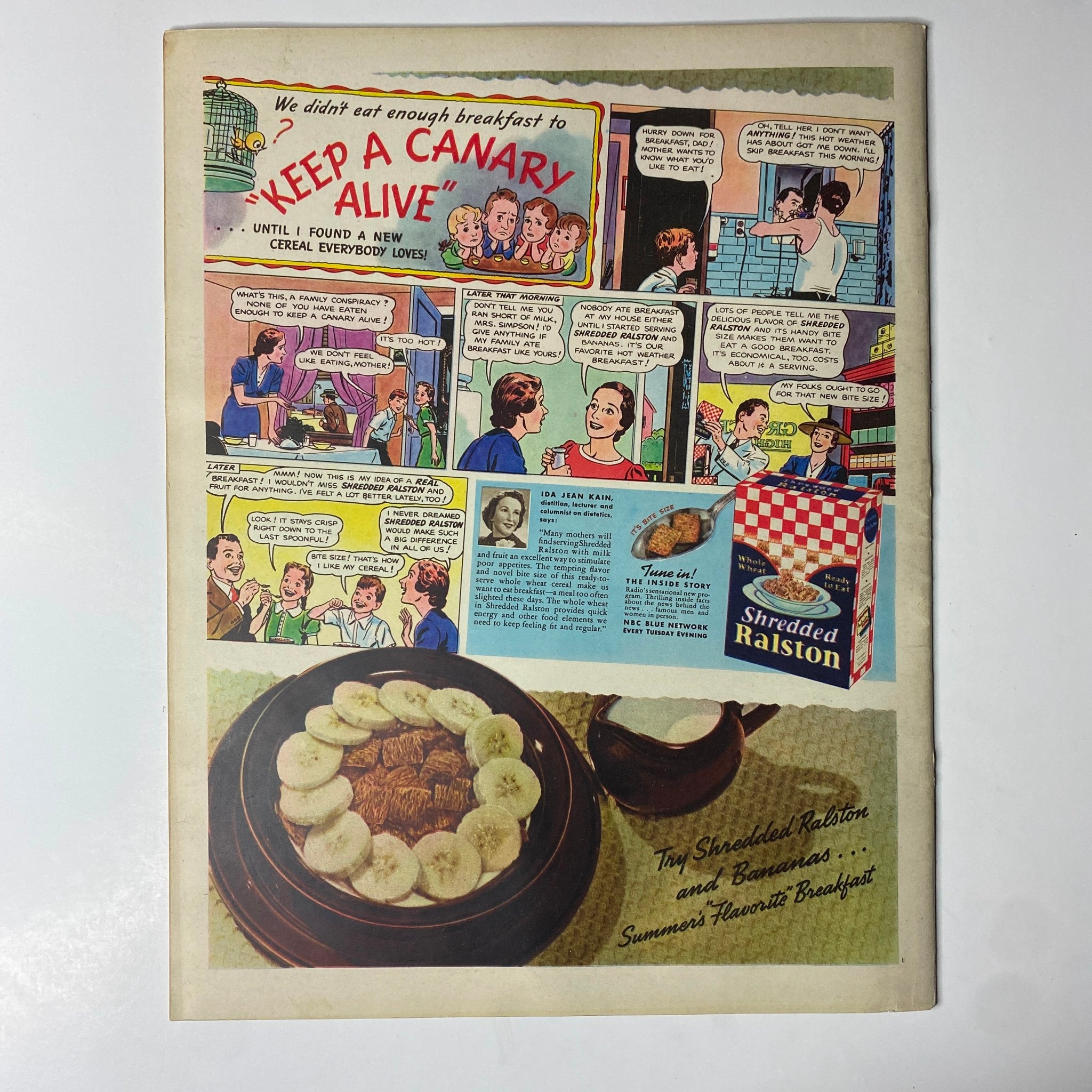 Look Magazine July 4, 1939, showcasing an advertisement for Shredded Ralston cereal with an illustrated comic strip about family breakfast dynamics. The page emphasizes the appeal of breakfast cereals in American households during the late 1930s.
