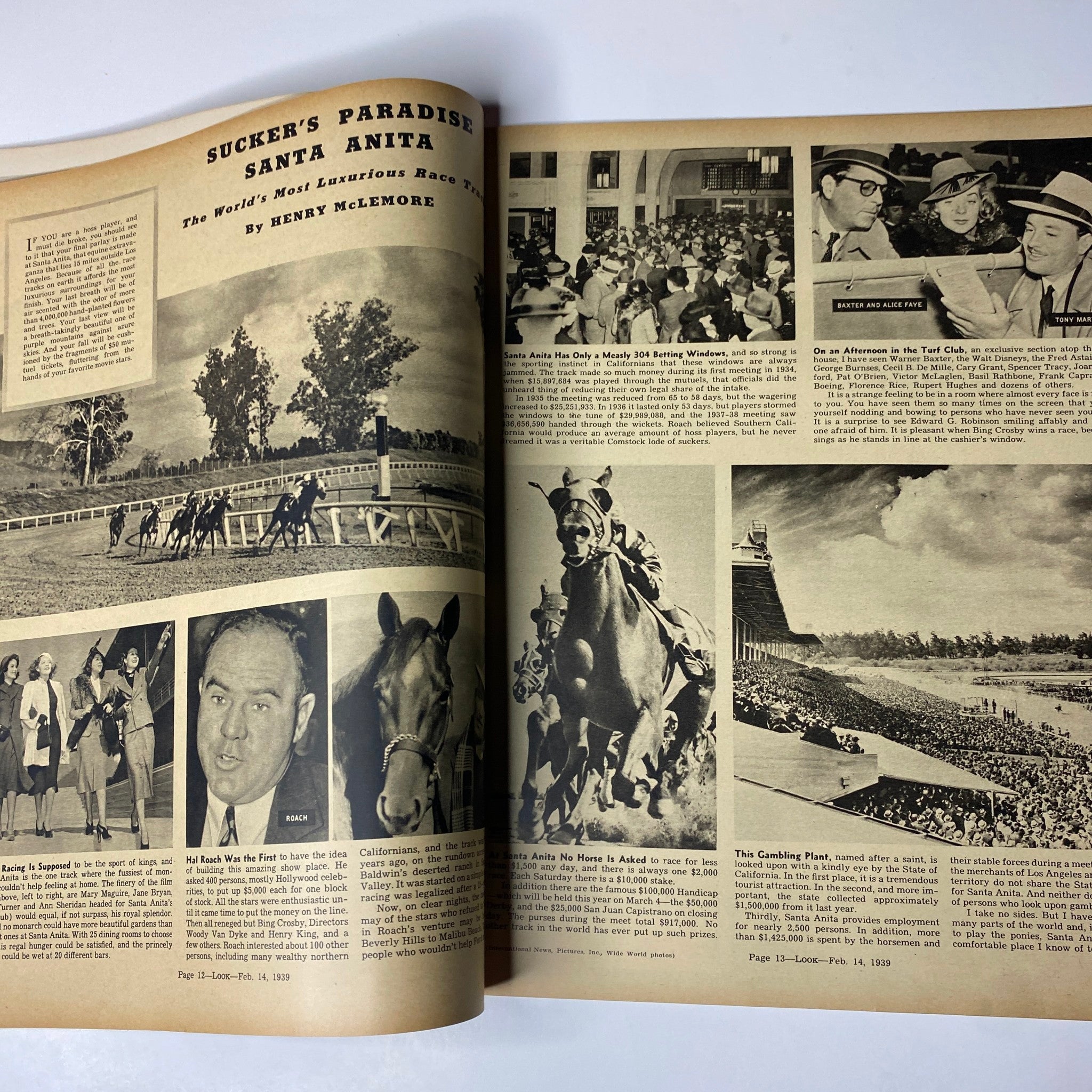 Look Magazine February 14, 1939 - A two-page spread showcasing 'Sucker's Paradise' at Santa Anita, featuring horse racing and crowd activities, illustrating vintage American entertainment and culture.
