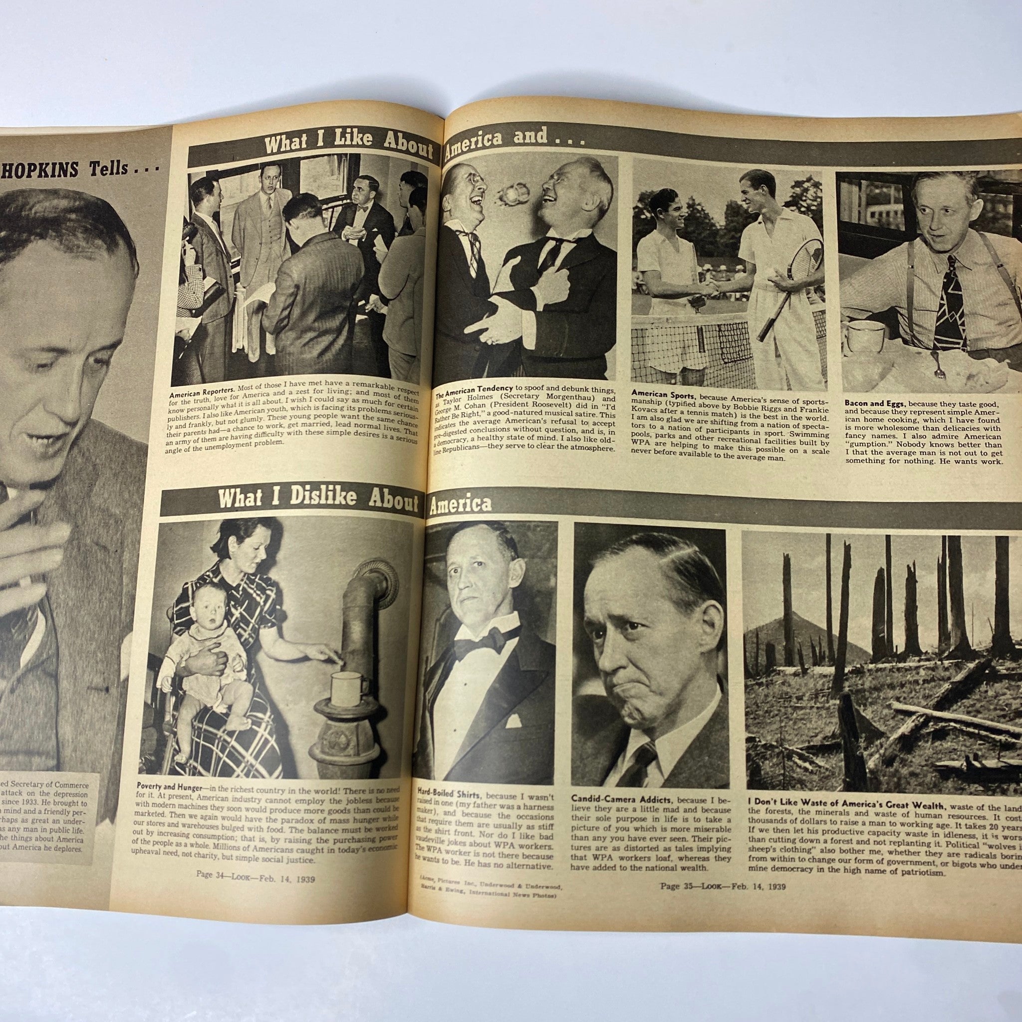 Look Magazine February 14, 1939 - A two-page spread titled 'What I Like About America,' discussing various aspects of American life, featuring notable figures and cultural reflections.