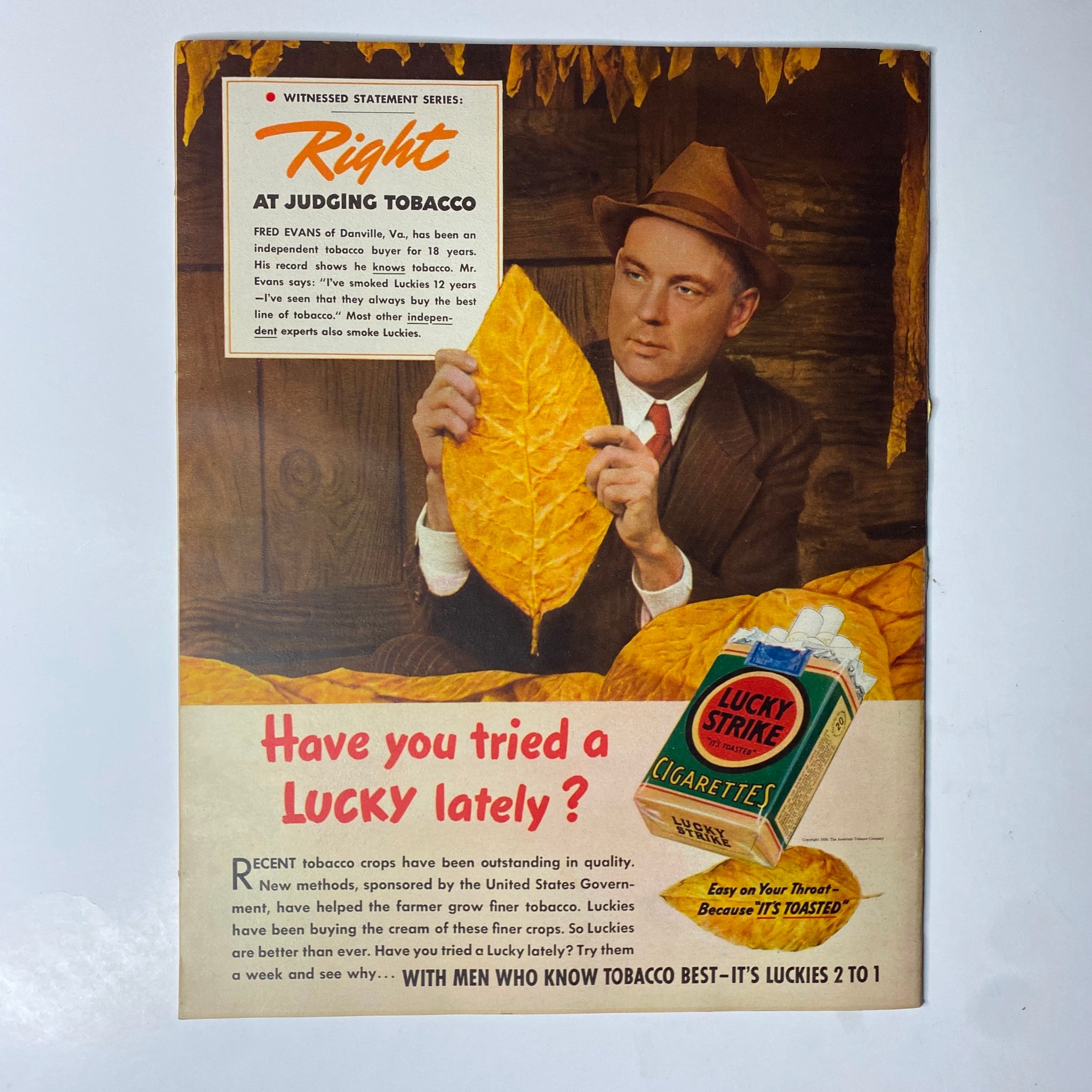 Look Magazine February 14, 1939 - An advertisement from Lucky Strike cigarettes featuring Fred Evans, highlighting tobacco quality and marketing during the era.