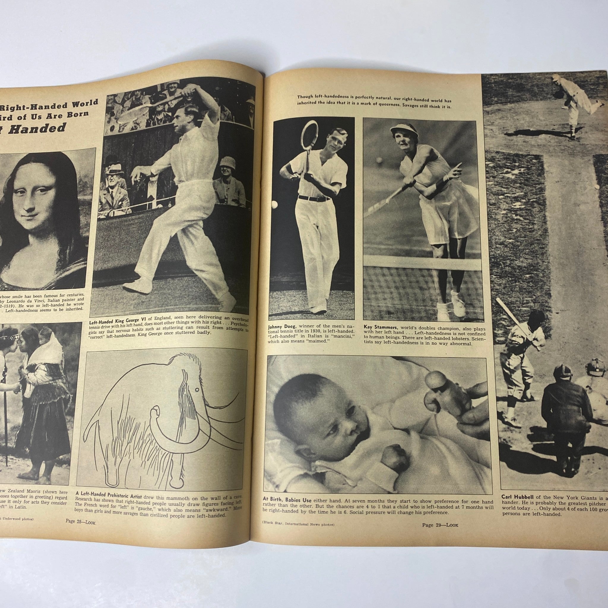 Feature article page from Look Magazine August 17, 1937 discussing left-handedness in a right-handed world, featuring images and references to notable left-handed individuals.