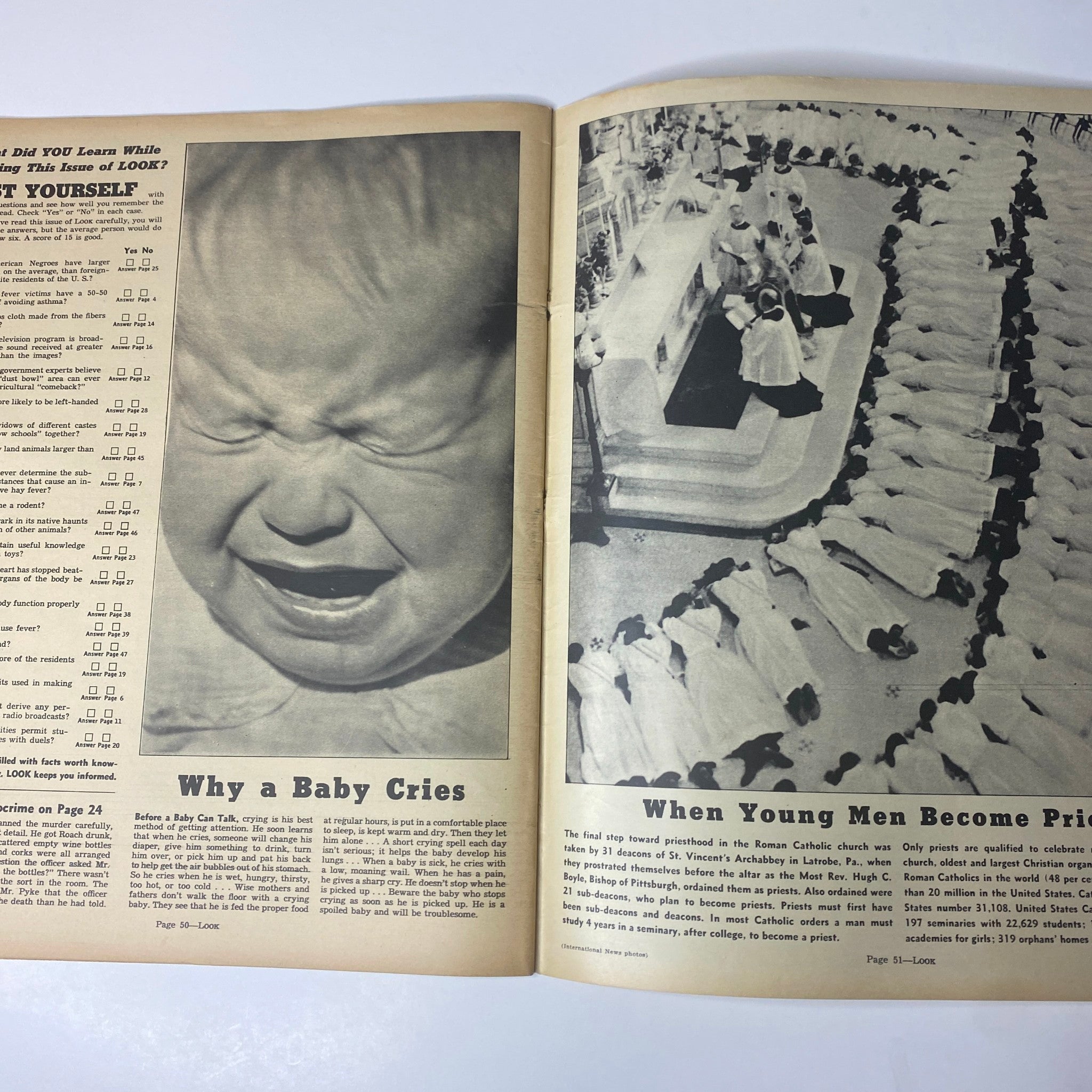 Look Magazine August 17, 1937 edition featuring a crying baby on one page with an article titled 'Why a Baby Cries', and an accompanying image showing young men participating in a religious ceremony in an article about becoming priests.