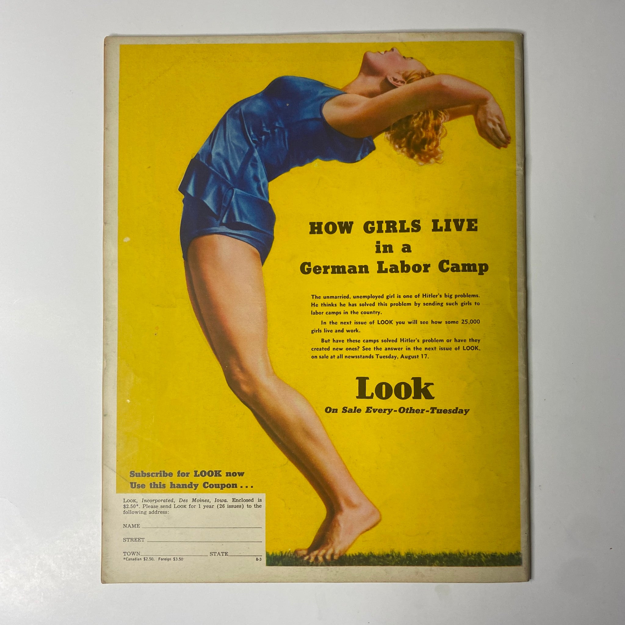 Look Magazine August 17, 1937 edition cover showcasing a woman in a blue swimsuit, advertising the article titled 'How Girls Live in a German Labor Camp'.