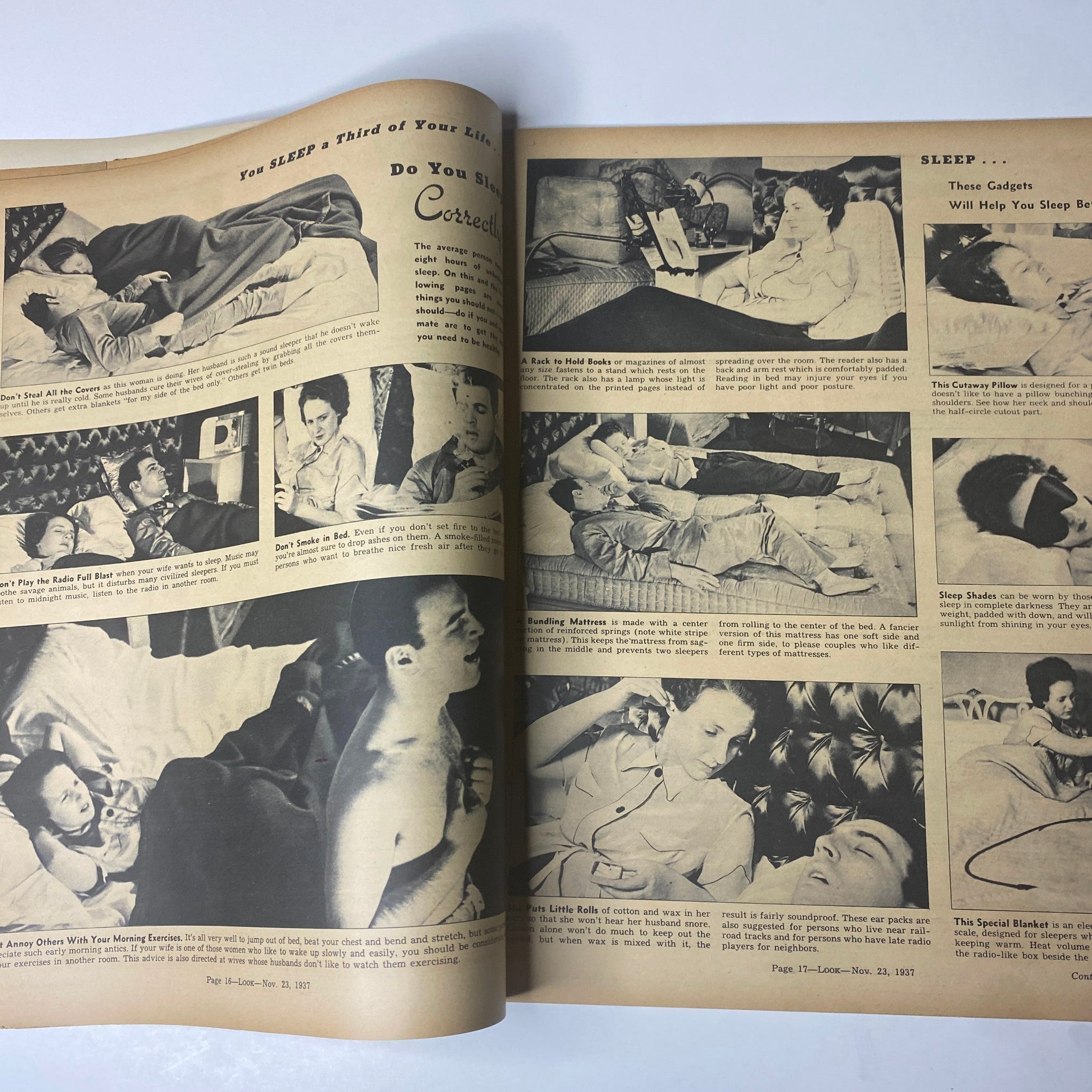 Another page from Look Magazine dated November 23, 1937, discussing sleep-related habits and gadgets, featuring images of individuals in various sleeping poses and advice for improving sleep quality.