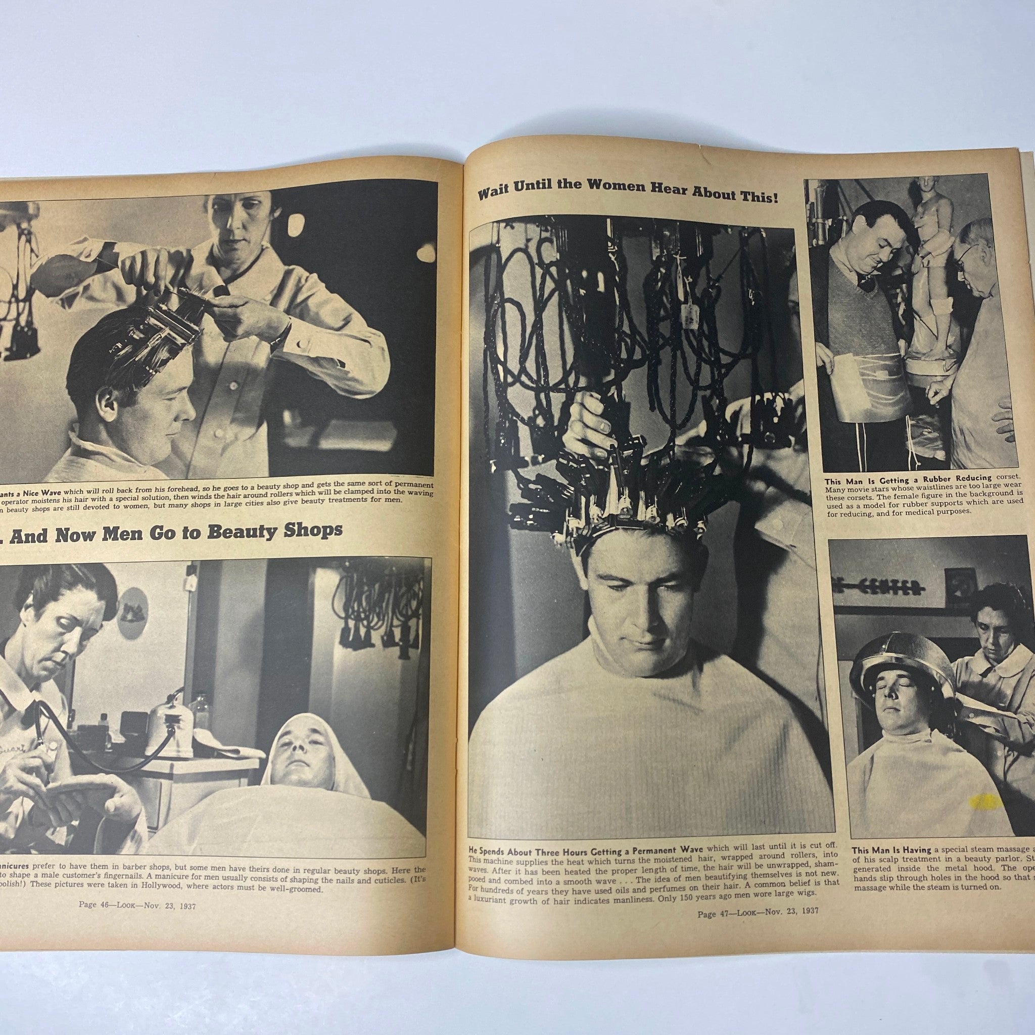 Look Magazine November 23, 1937 - A feature on men visiting beauty shops, showcasing men getting hair treatments and services in a salon setting.