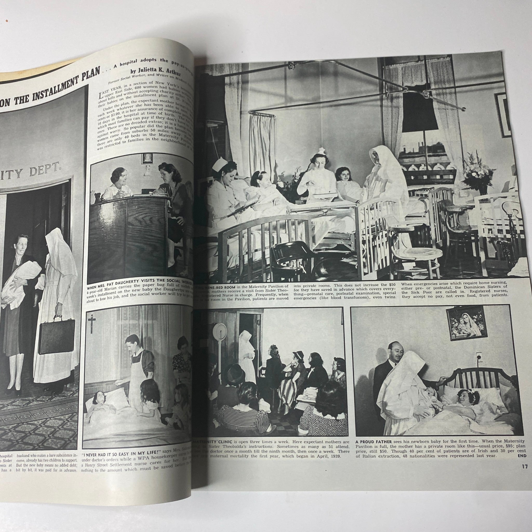 Page from Look Magazine December 31, 1940 featuring a feature on family planning titled 'Babies on the Installment Plan' with images of nurses and mothers in a hospital setting.