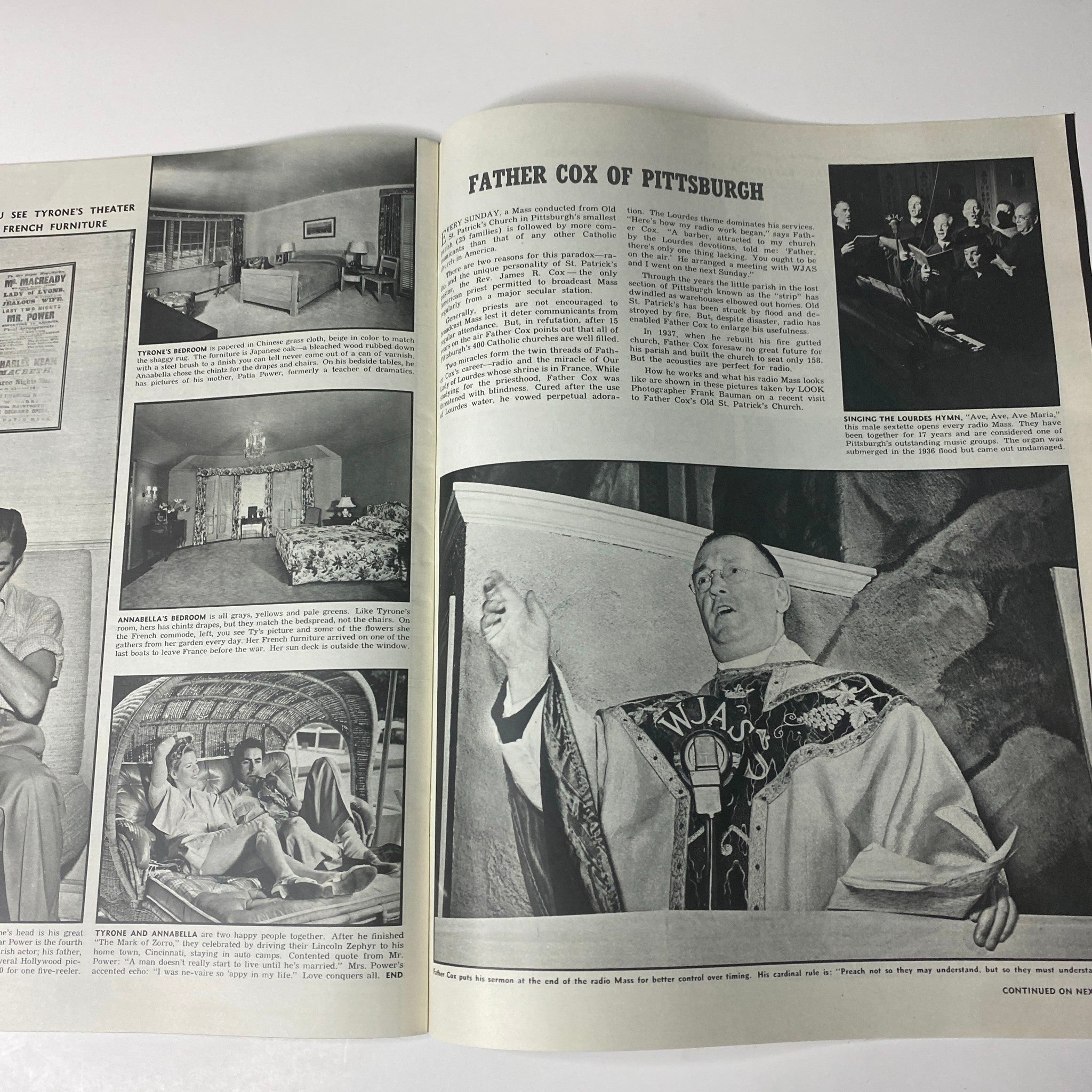 Page from Look Magazine December 31, 1940 showcasing a profile on Father Cox of Pittsburgh, including images of the priest conducting a service and interacting with the congregation.