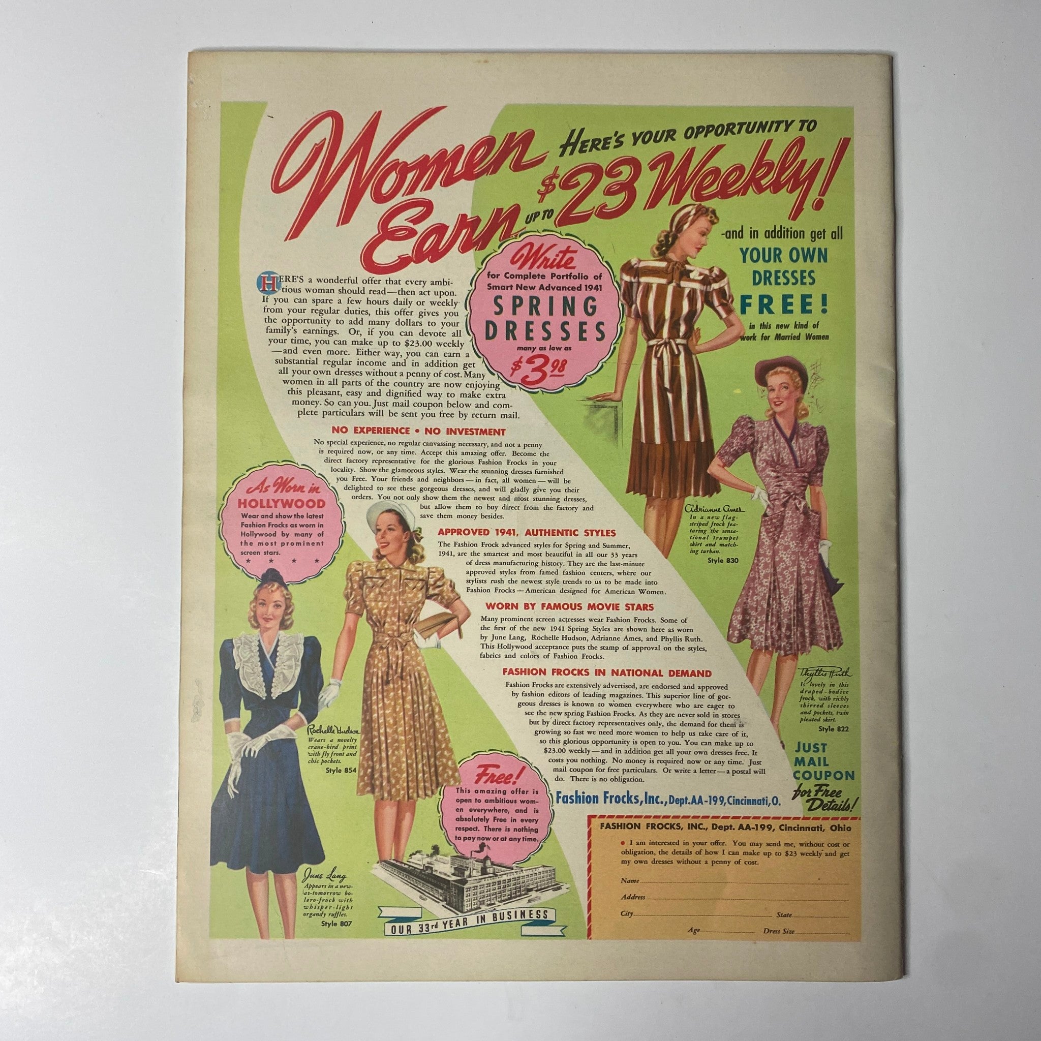 Vintage advertisement from Look Magazine December 31, 1940 promoting women's dress-making opportunities, featuring colorful fashion designs and testimonials.