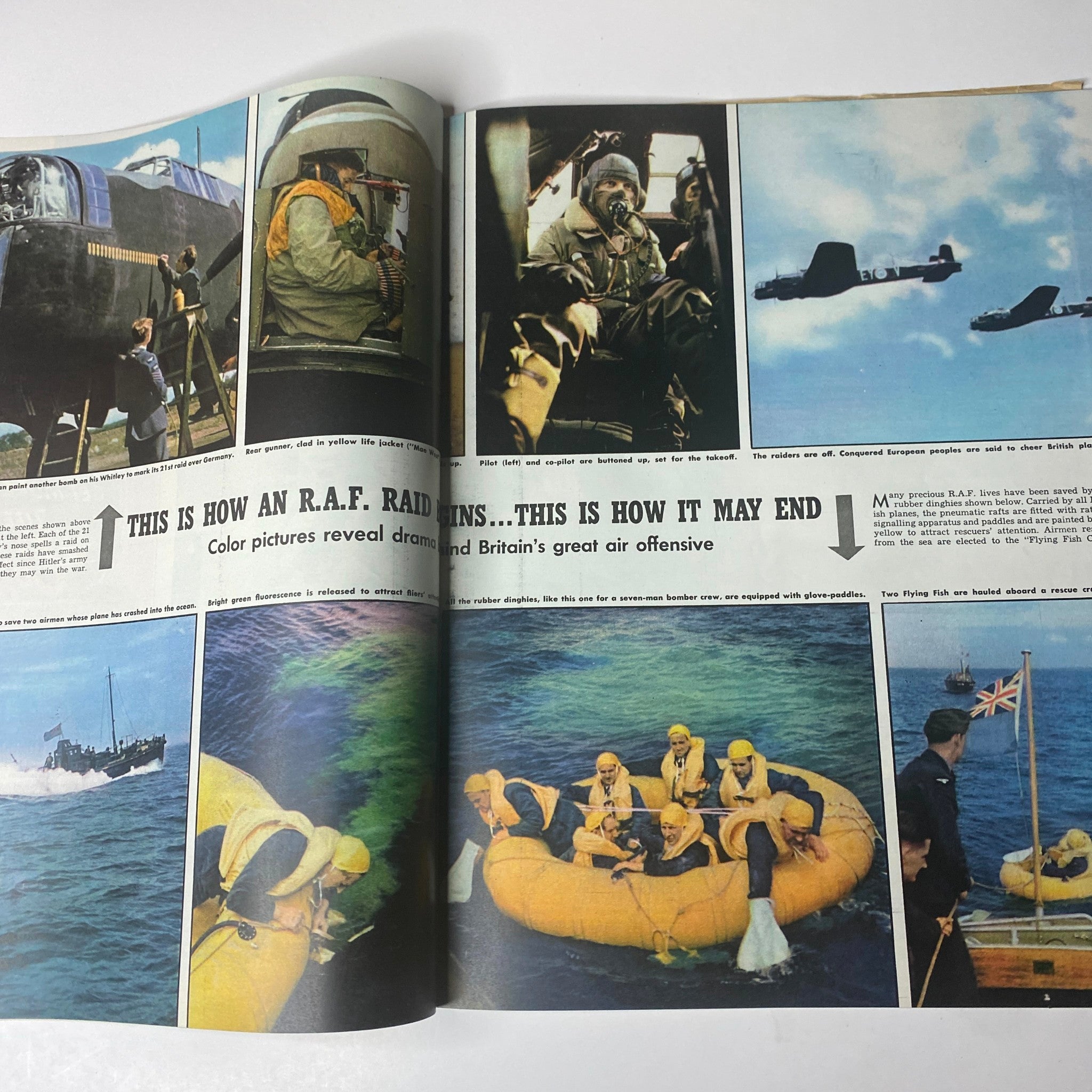 Look Magazine October 21, 1941 featuring a dramatic spread on R.A.F. raids, showcasing color photographs that illustrate Britain's air offensive strategies.
