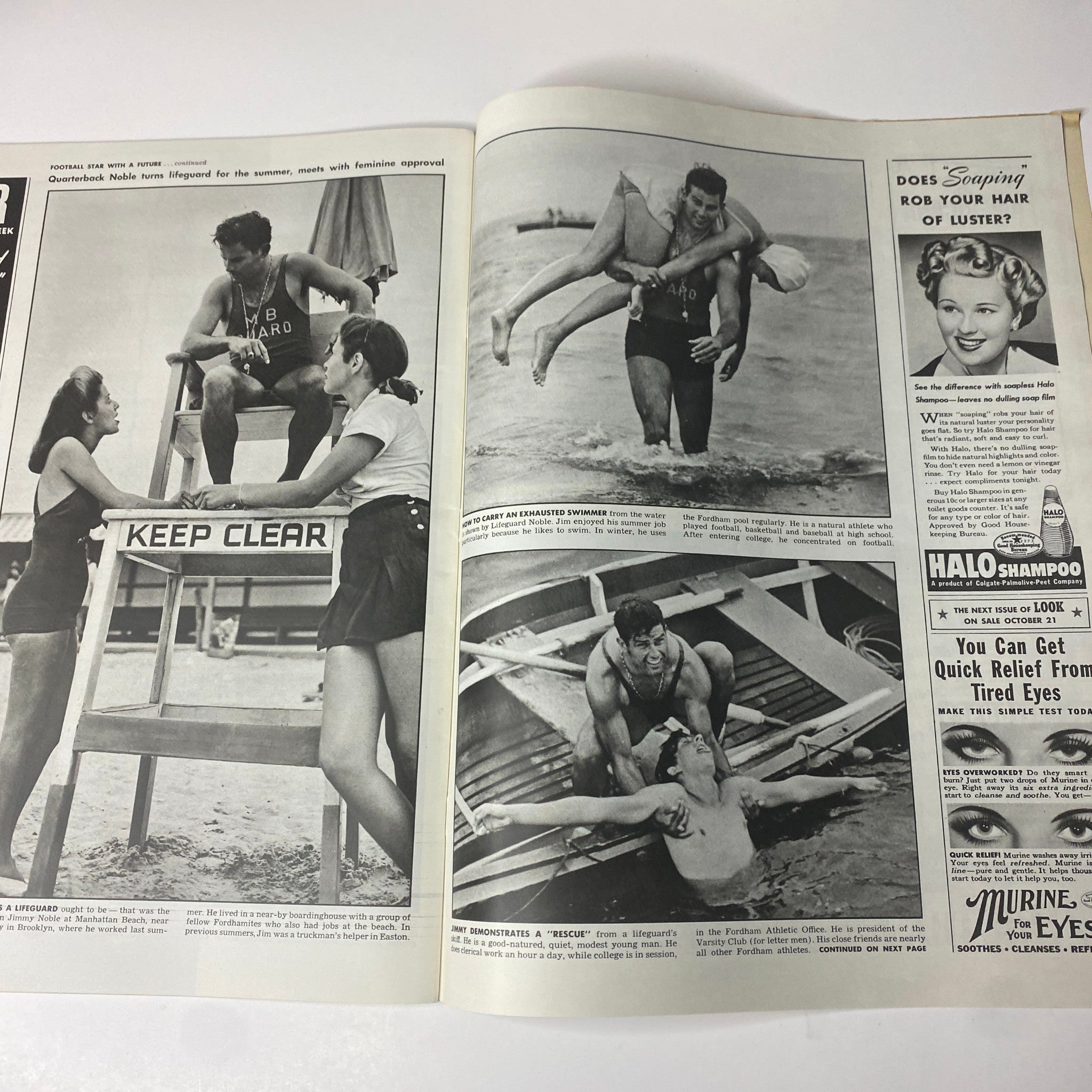 Look Magazine October 21, 1941 highlighting a summer scene with lifeguards, athletes in competitive poses, and playful beach activities, evoking a sense of leisure and fun.
