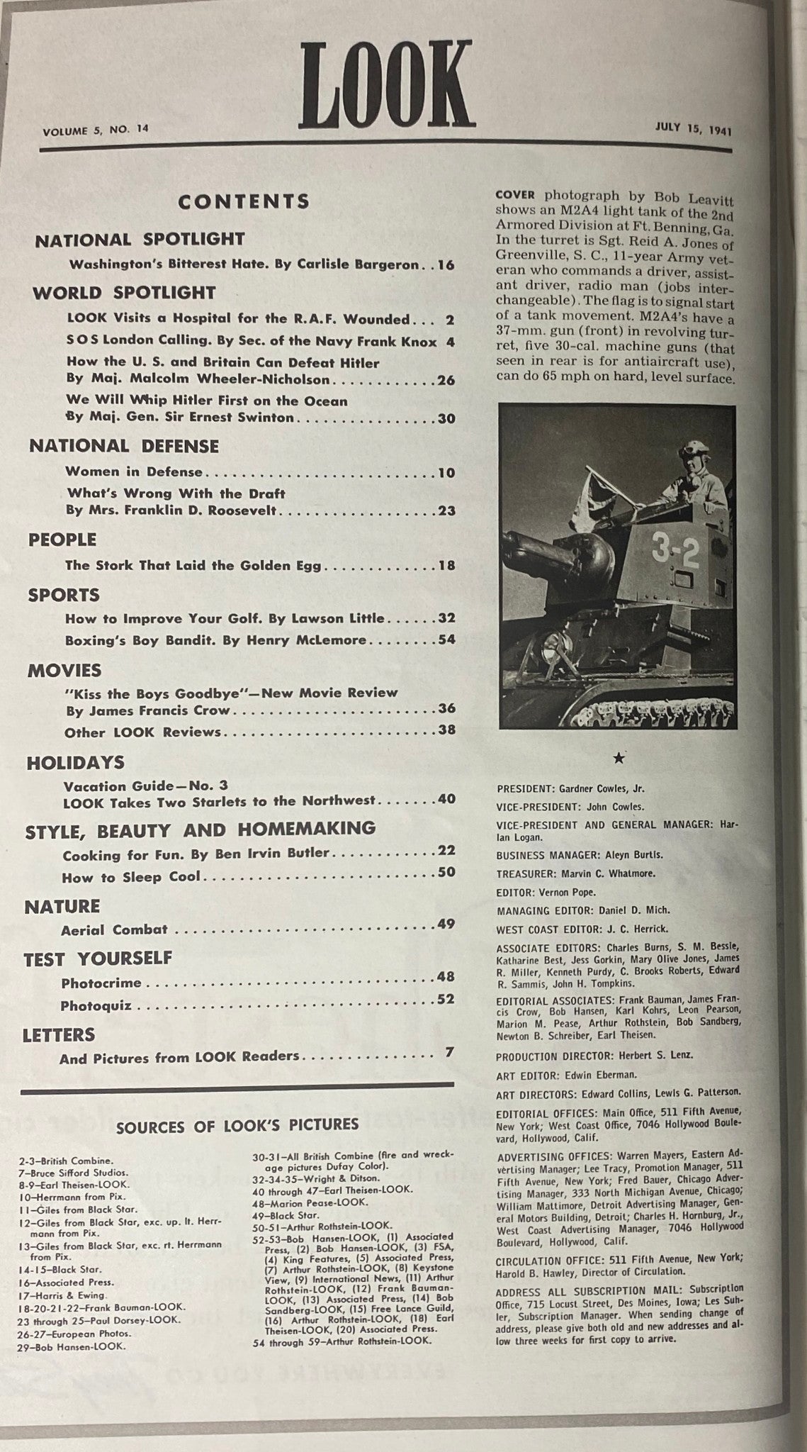 Look Magazine July 15, 1941 cover featuring Sgt. Reid A. Jones, a U.S. Tank Commander in an M2A4 light tank, photographed by Bob Leavitt, showcasing military preparedness before World War II.