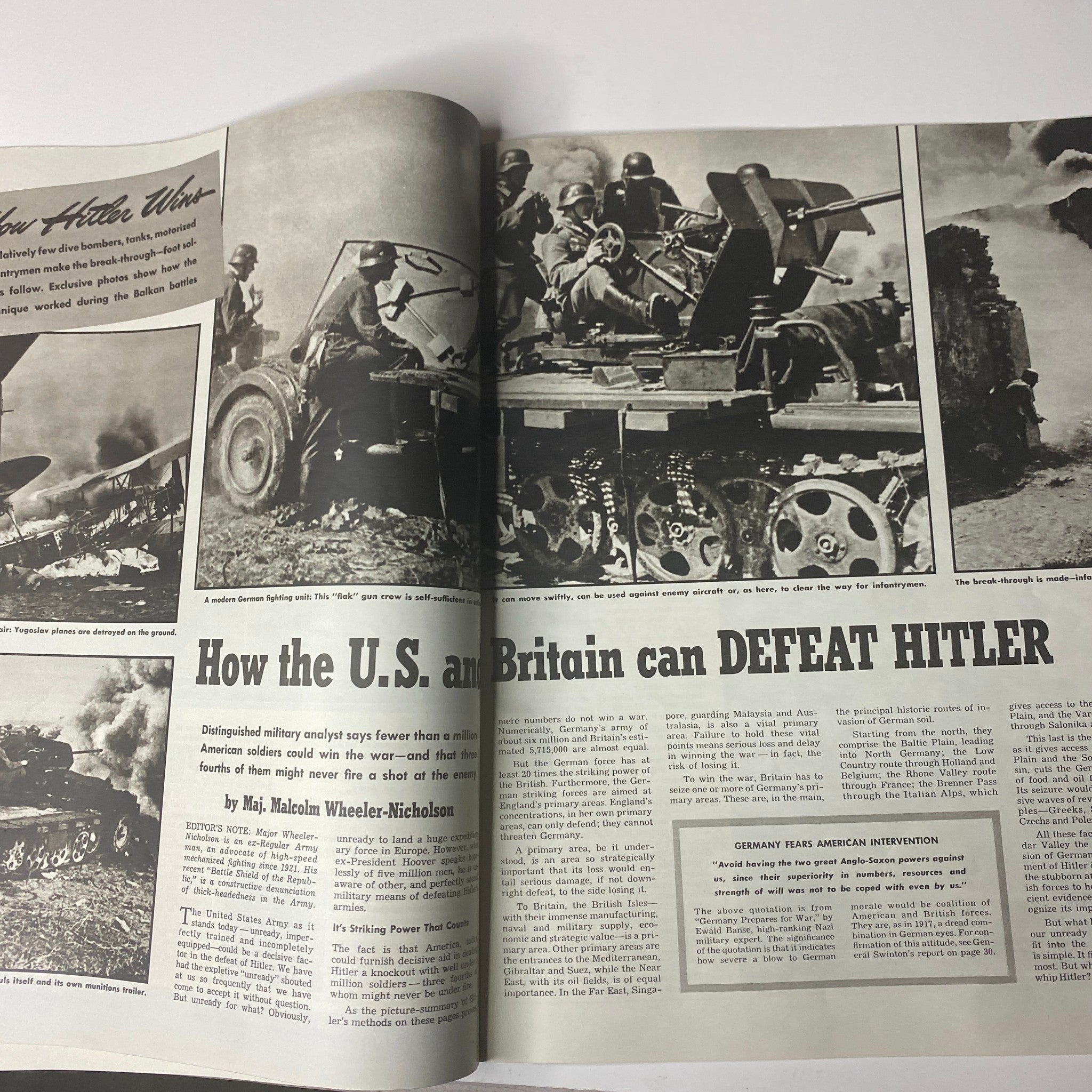 Inside pages of Look Magazine July 15, 1941, detailing an article by Maj. Malcolm Wheeler-Nicholson, addressing the collaboration between the U.S. and Britain to defeat Hitler, accompanied by historical wartime images.