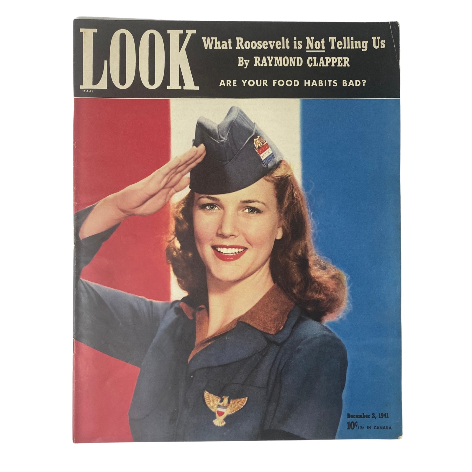 Cover of Look Magazine from December 2, 1941 featuring Barbara Britton in an American Women’s Volunteer Services uniform, capturing the spirit of national service during World War II.