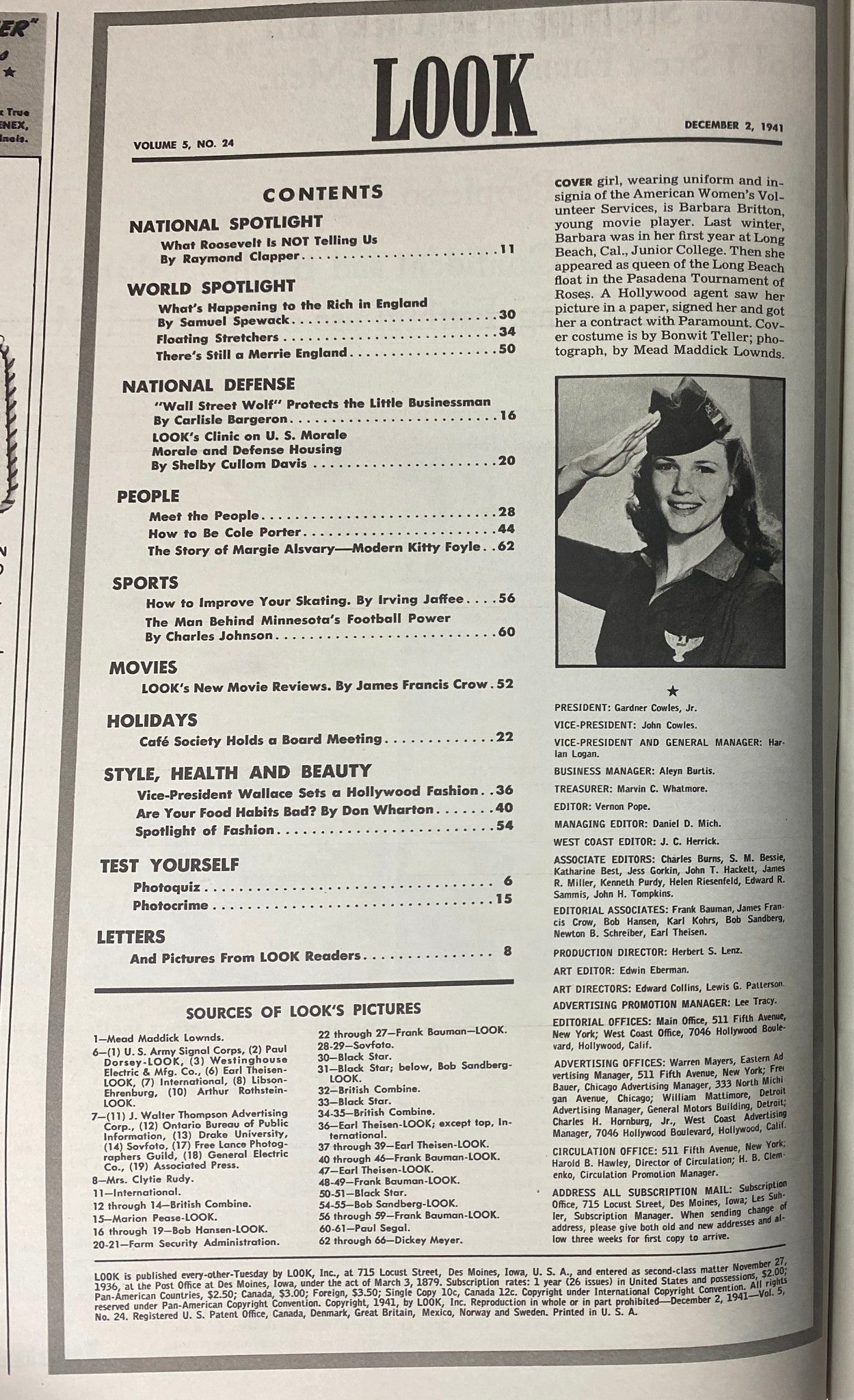 Contents page of Look Magazine from December 2, 1941, listing articles including ‘What Roosevelt Is Not Telling Us’ and ‘Are Your Food Habits Bad?’ showcasing the magazine's features from that era.