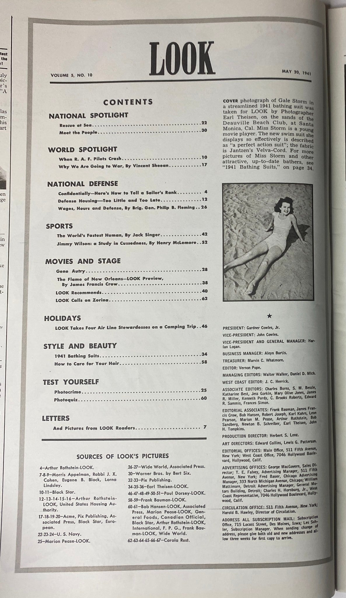 Table of contents page from Look Magazine, May 20, 1941, detailing features such as 'Why We Are Going to War' by Vincent Sheean, and highlighting various sections of the magazine.