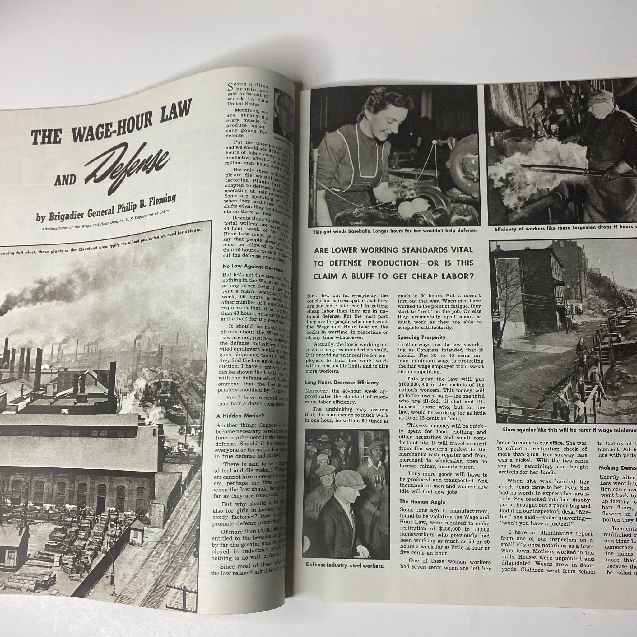Spread from Look Magazine, May 20, 1941, discussing labor and production issues during wartime, featuring images of factories and workers, analyzing the impact of the wage-hour law.