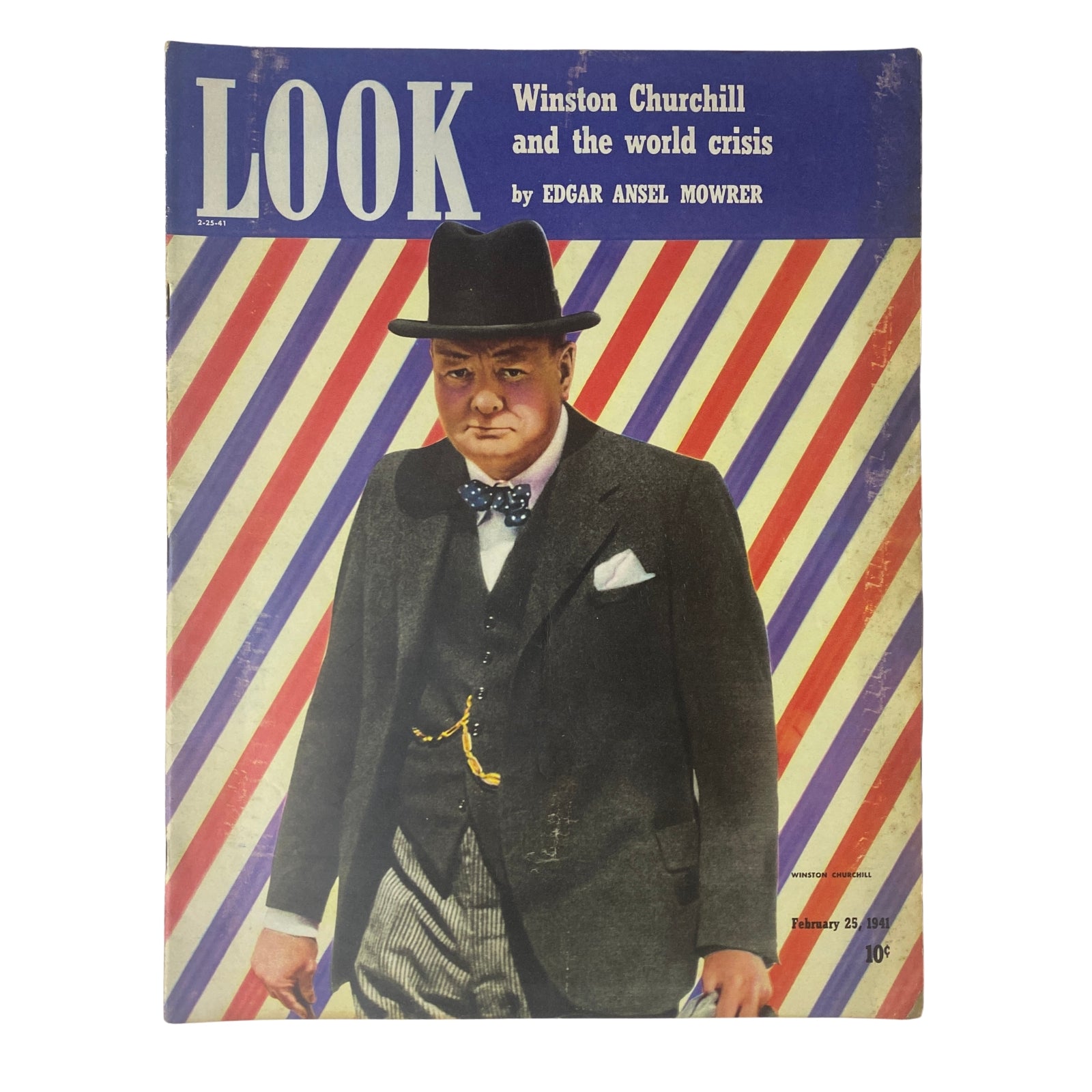 Cover of Look Magazine February 25, 1941 featuring Winston Churchill. The cover displays Churchill in formal attire, symbolizing his leadership during World War II amidst colorful striped background.
