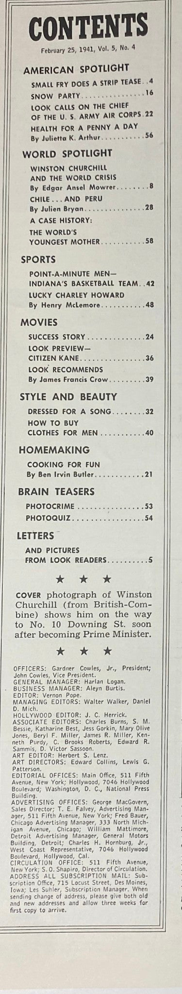 Table of contents from Look Magazine February 25, 1941, listing featured articles including Winston Churchill and the world crisis by Edgar Ansel Mowrer, along with other cultural and social topics.
