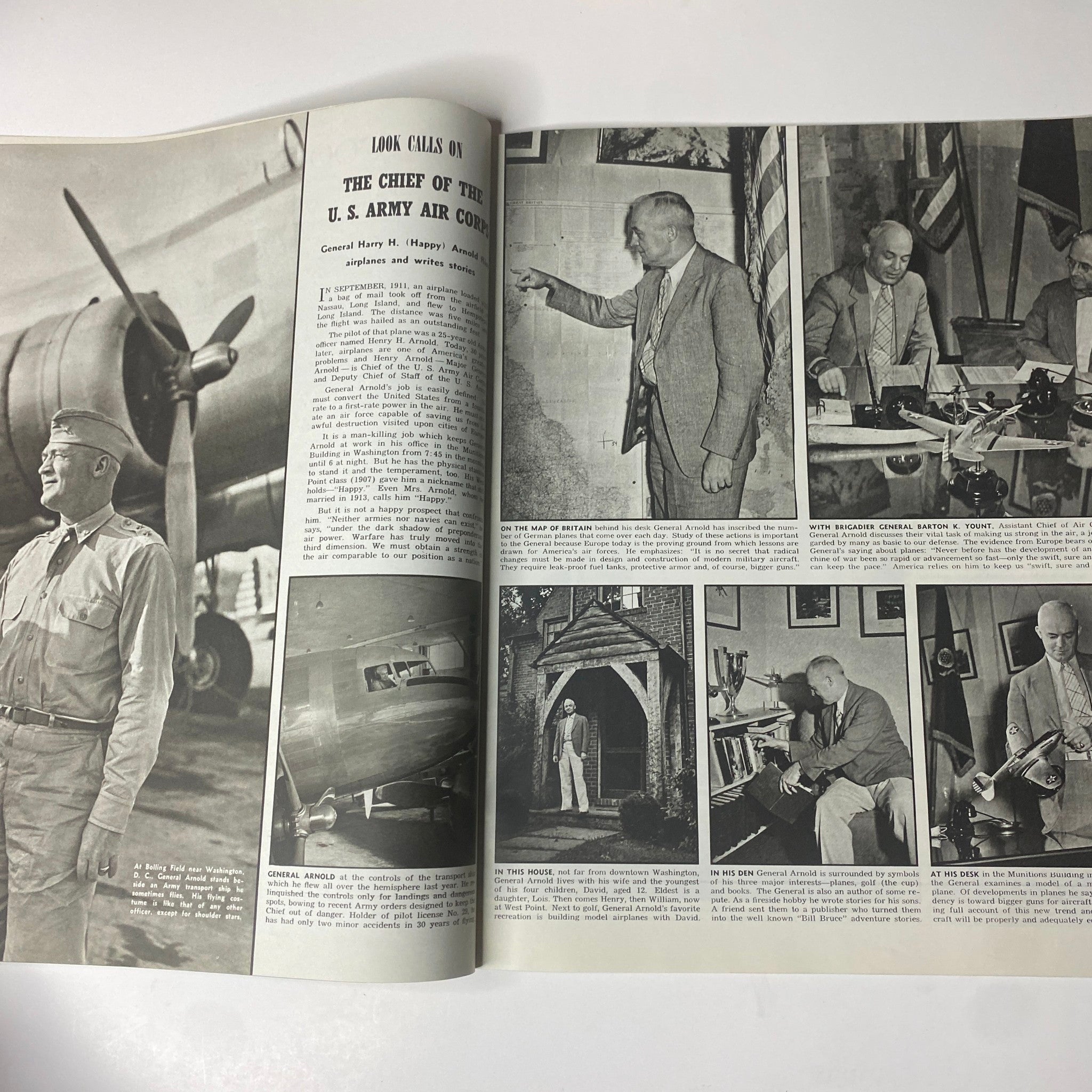 An article spread from Look Magazine February 25, 1941 showcasing the Chief of the U.S. Army Air Corps. The spread includes photographs and text discussing military strategies and insights.