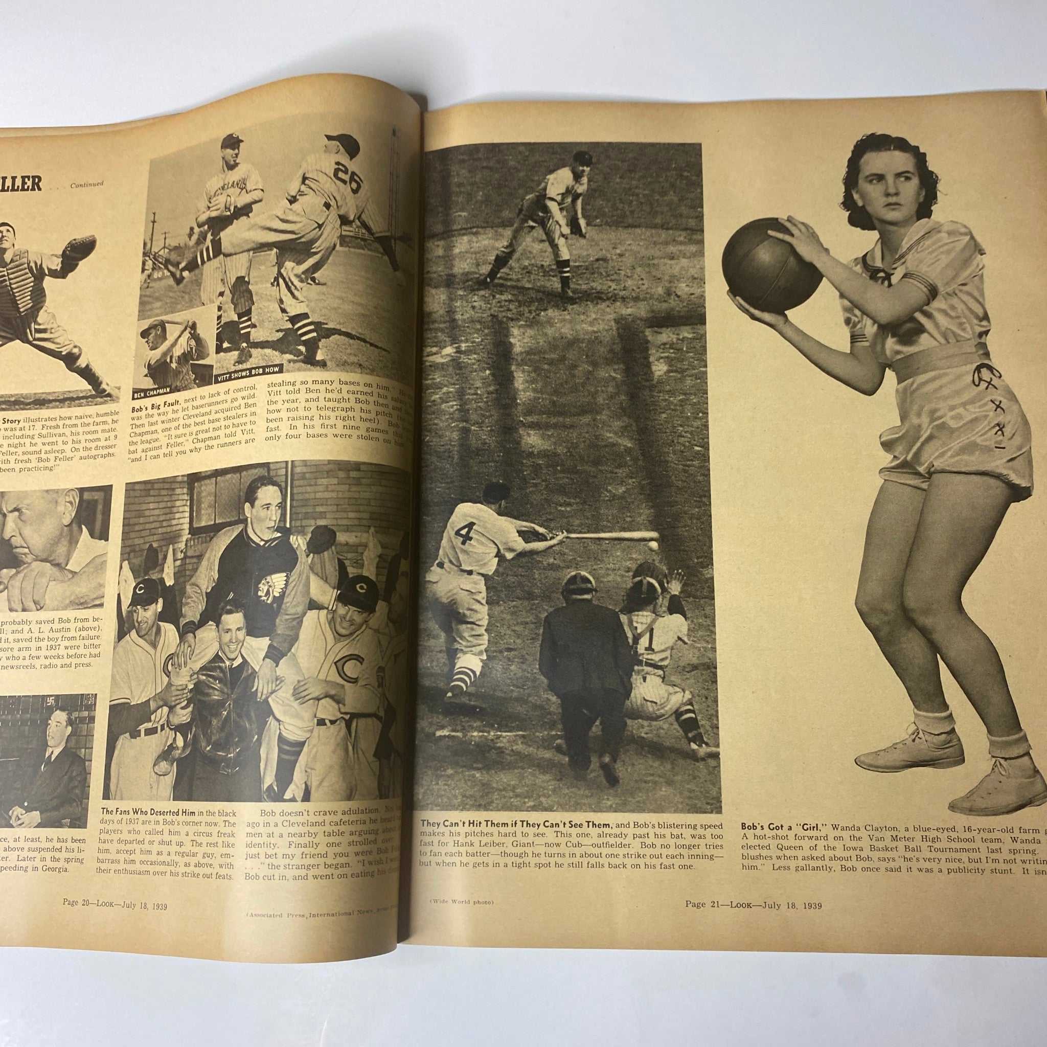 Look Magazine July 18, 1939 - Vintage layout featuring a collage of baseball players in action, showcasing sports highlights alongside the female athlete Wanda Clayton, illustrating a blend of athleticism in the July 1939 issue.