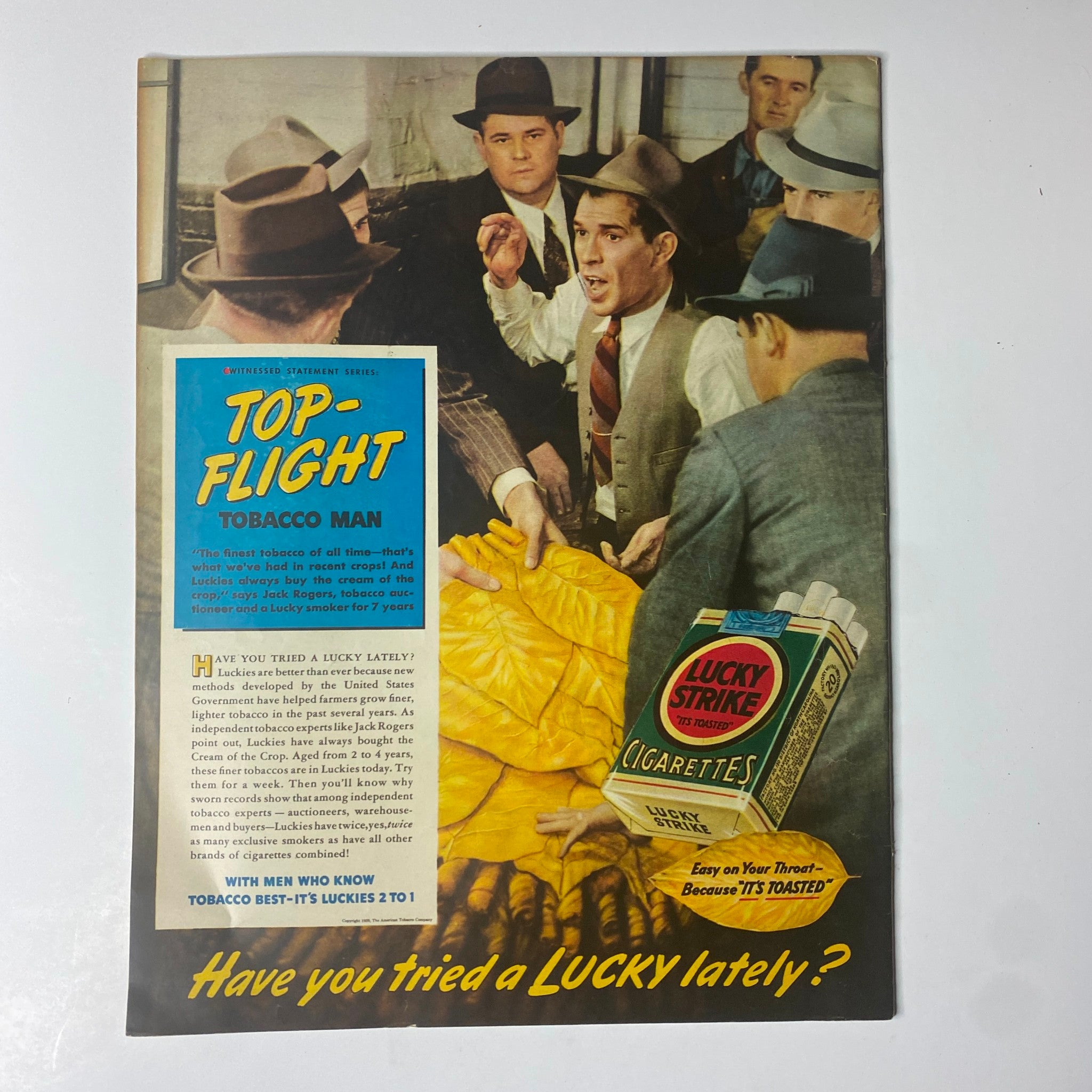 Look Magazine July 18, 1939 - Advertisement for Lucky Strike cigarettes, highlighting a group of men engaged in conversation, with a focus on the tobacco industry and the quality of their product in this vintage promotional piece.
