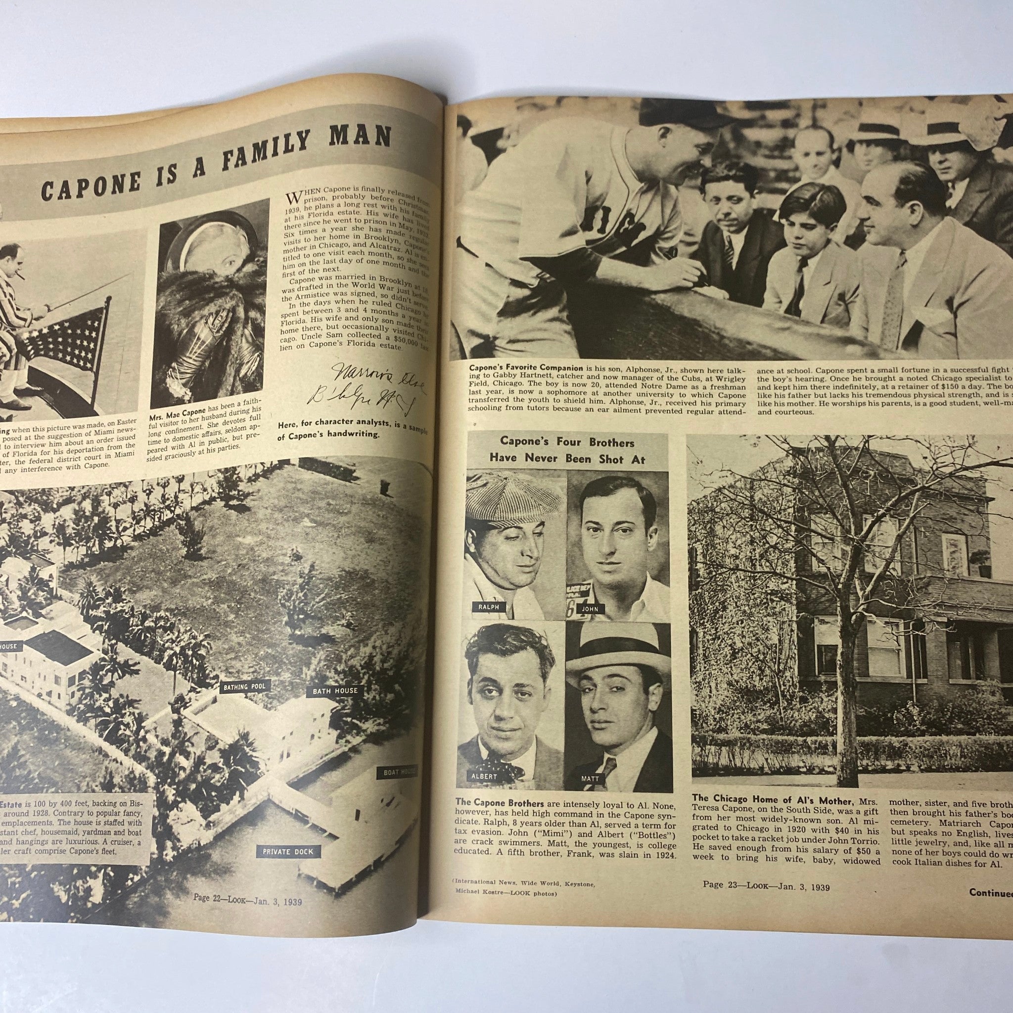 An inside spread from Look Magazine, January 3, 1939, presenting an article on Al Capone, showcasing photographs and text about his life and impact.