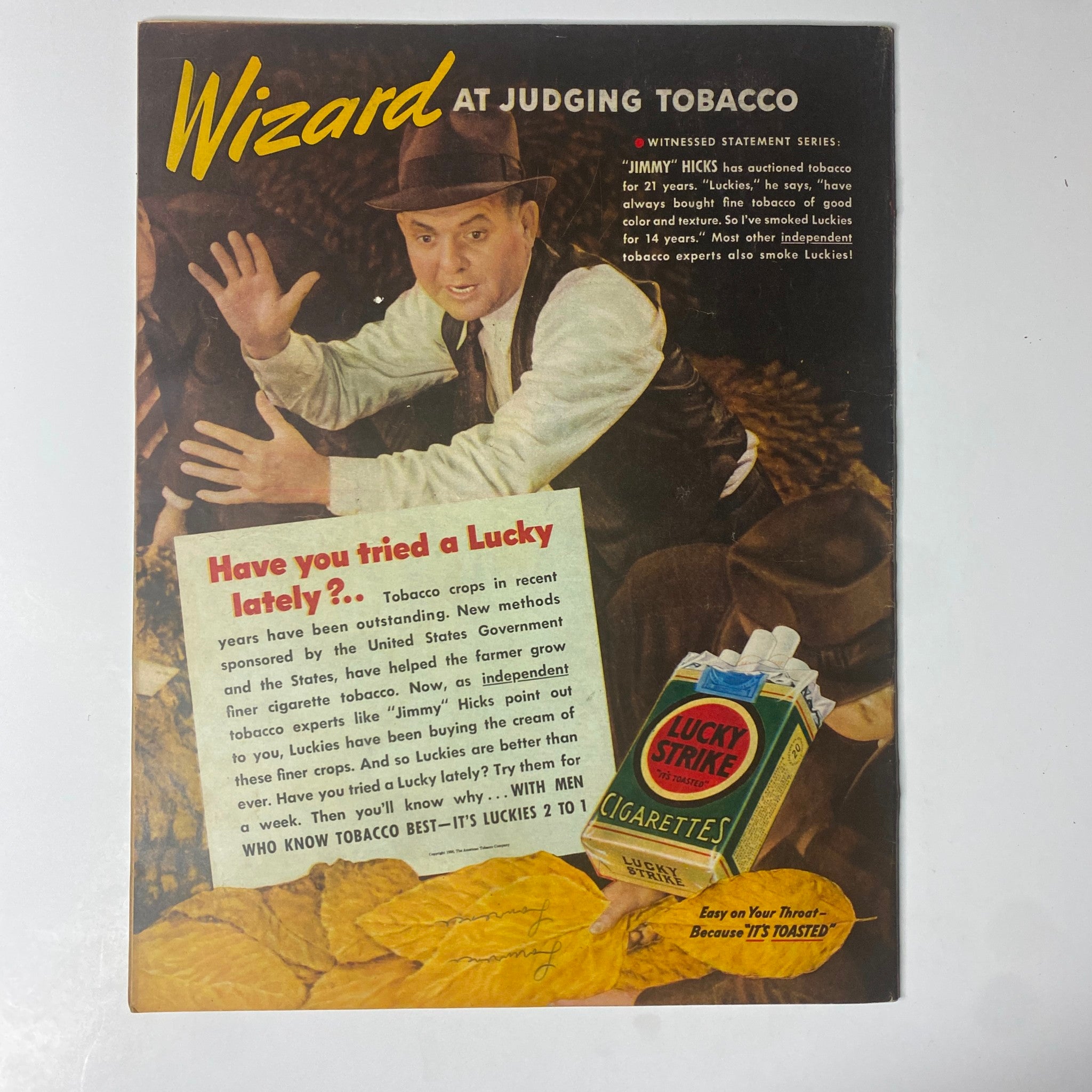 Vintage advertisement from 1939 titled 'Wizard at Judging Tobacco' featuring a man in a hat discussing tobacco quality. The ad promotes Lucky Strike cigarettes, highlighting their fine tobacco and bringing attention to independent tobacco experts. This image connects to the historic context of the January 3, 1939 issue of Look Magazine featuring the Duke and Duchess of Windsor.