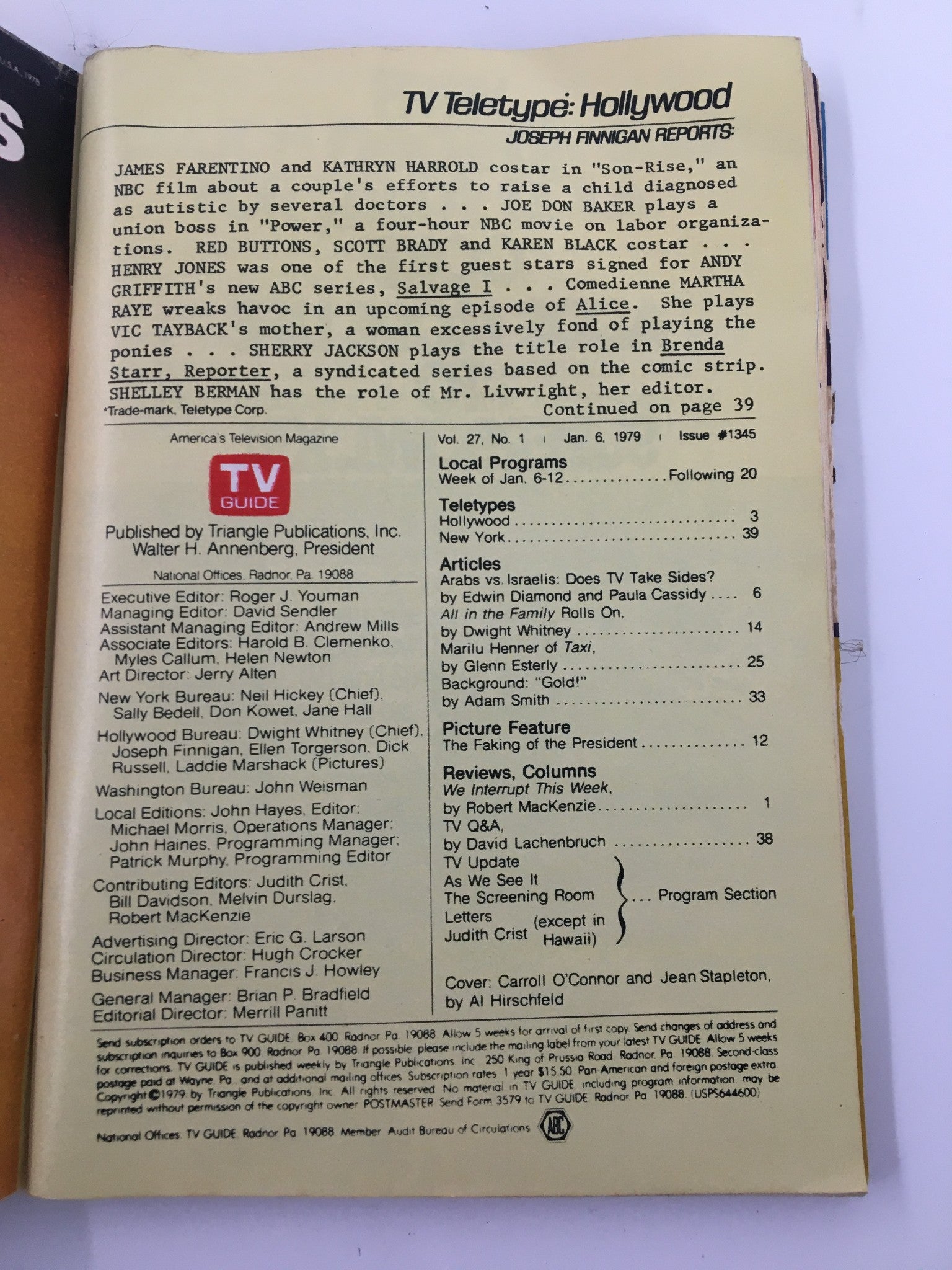 Back cover of TV Guide Magazine January 6 1979, showcasing additional content details including articles, program listings, and editorial credits.