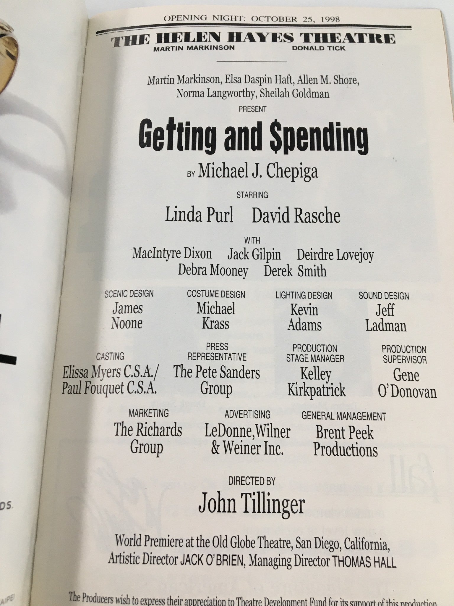 1998 Playbill The Helen Hayes Theatre Linda Purl in Getting and Spending