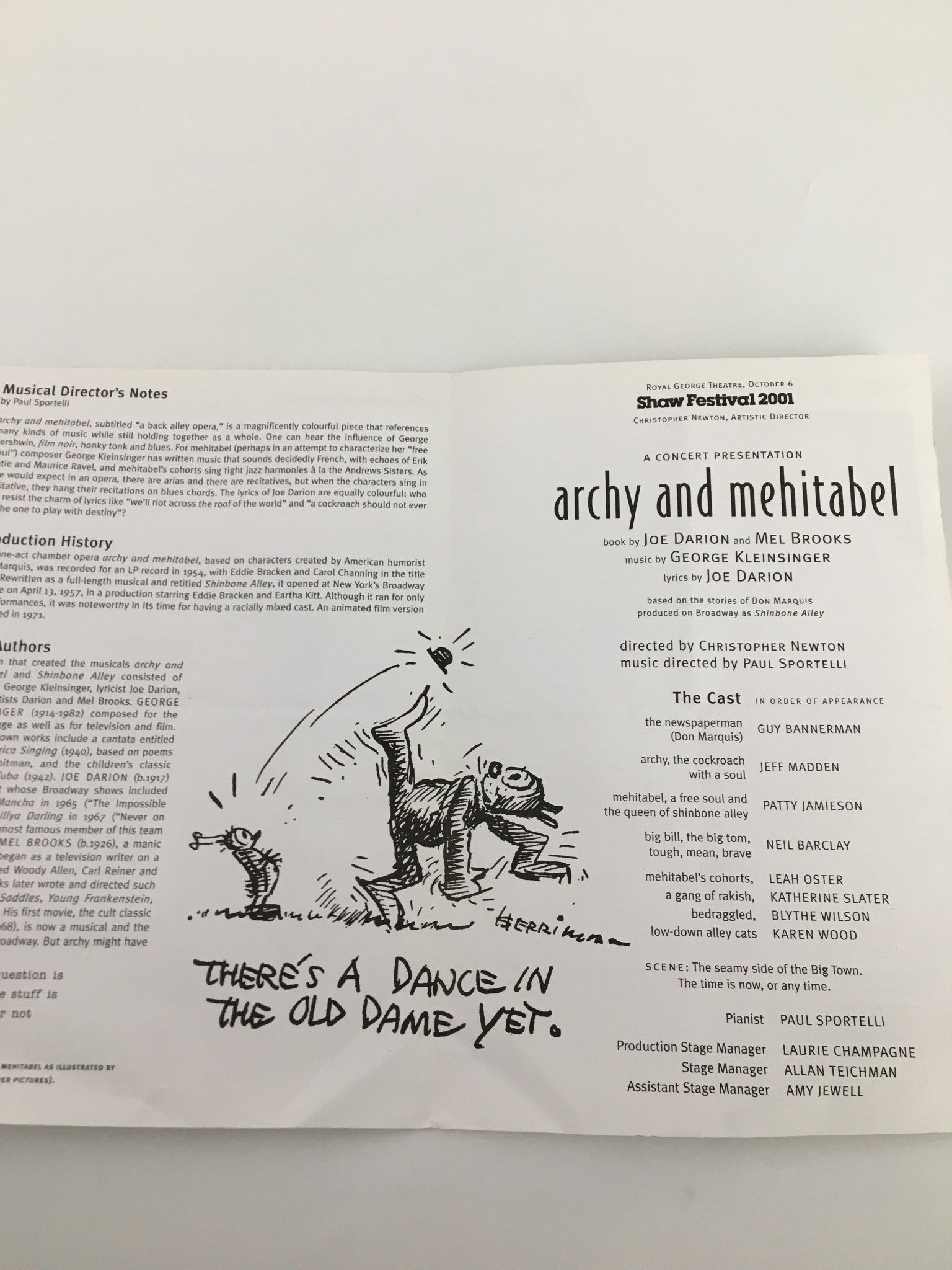 2001 Shaw Festival program cover featuring Archy and Mehitabel, showcasing a sketch of a cockroach dancing with a humorous caption. Designed for theater enthusiasts.