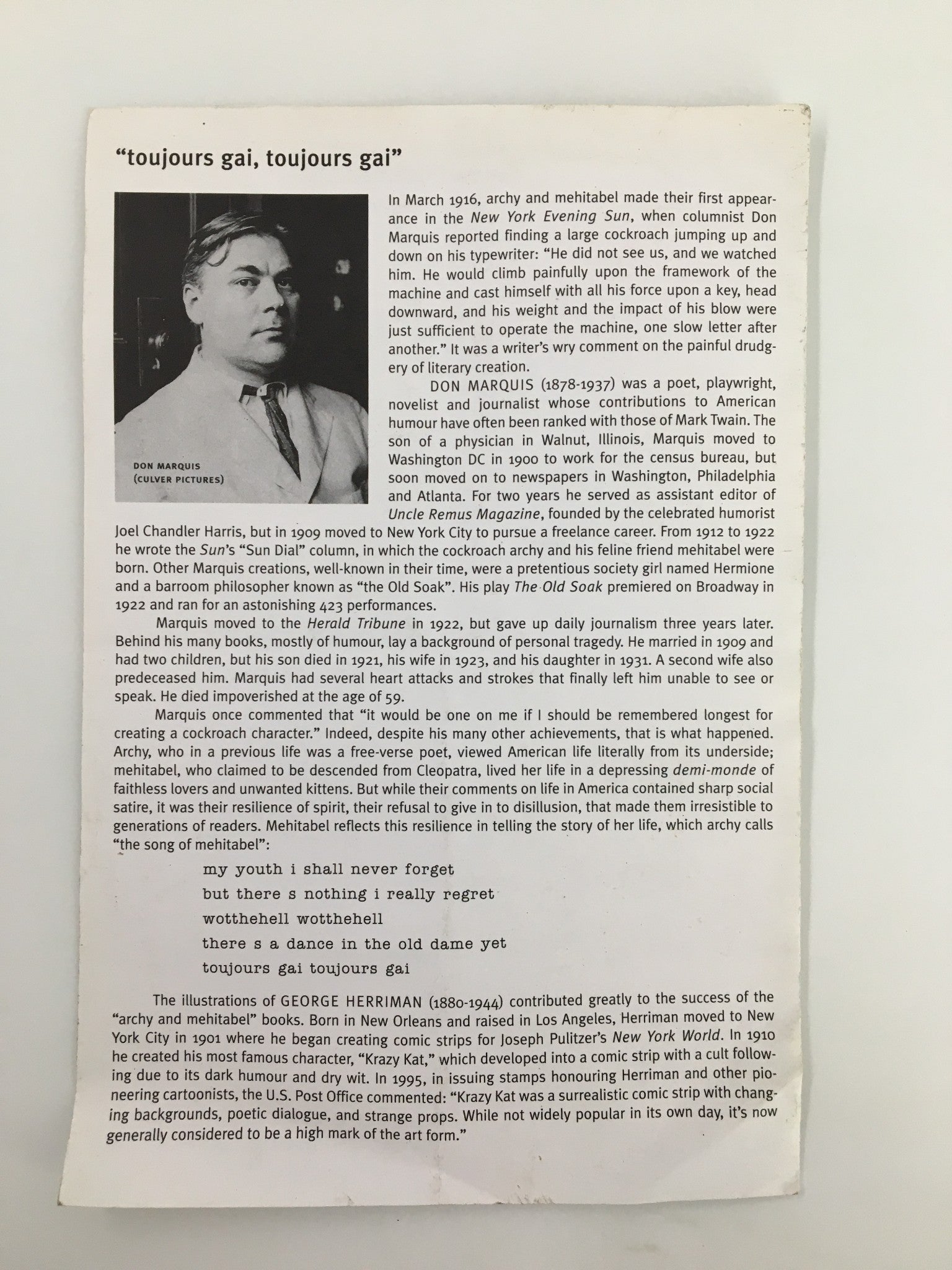 Interior page of the 2001 Shaw Festival program for Archy and Mehitabel, featuring a photograph of Guy Bannerman and text about the performers, emphasizing the show's rich theatrical context.