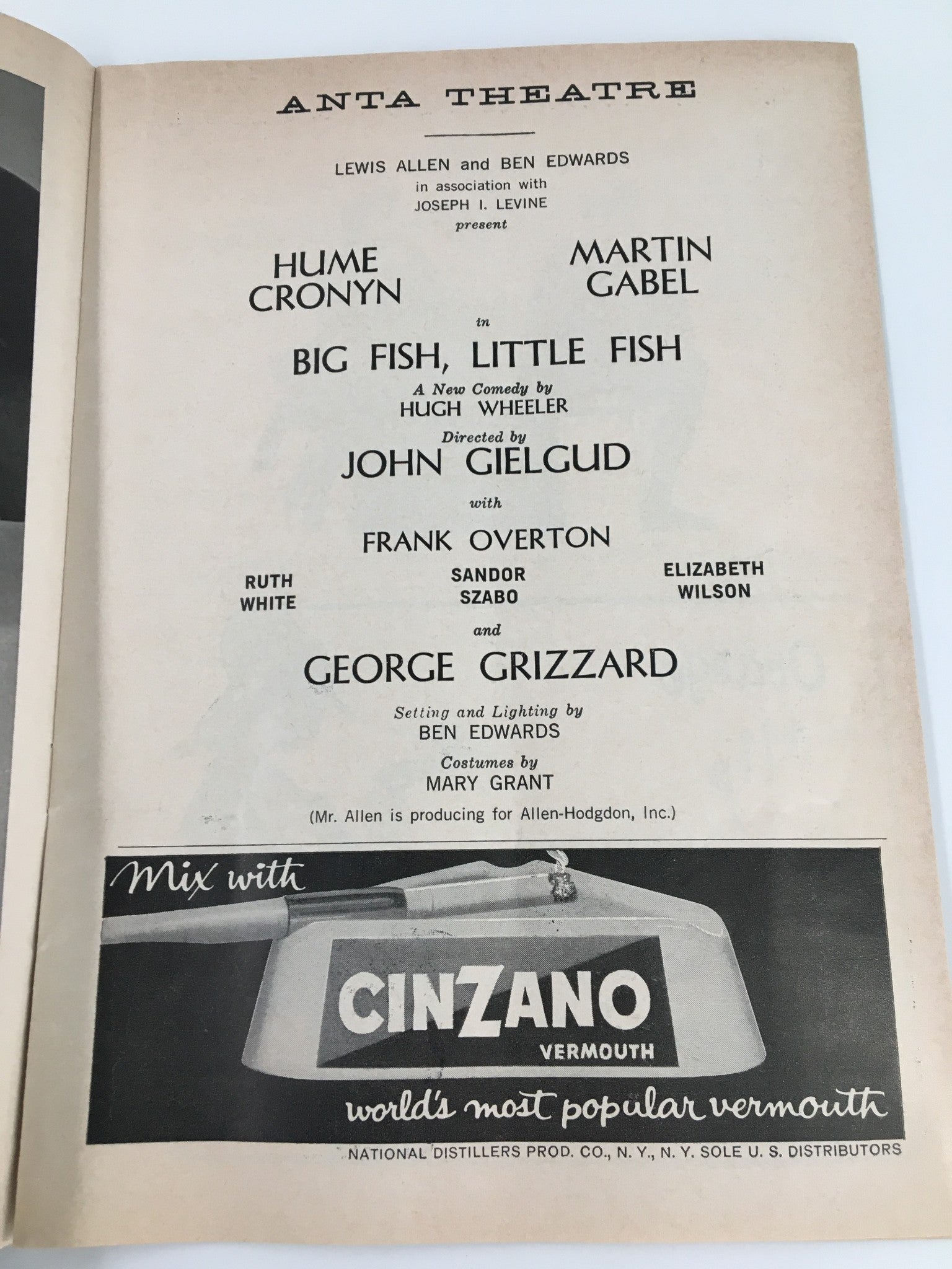 1961 Playbill Anta Theatre Hume Cronyn, Martin Gabel in Big Fish, Little Fish