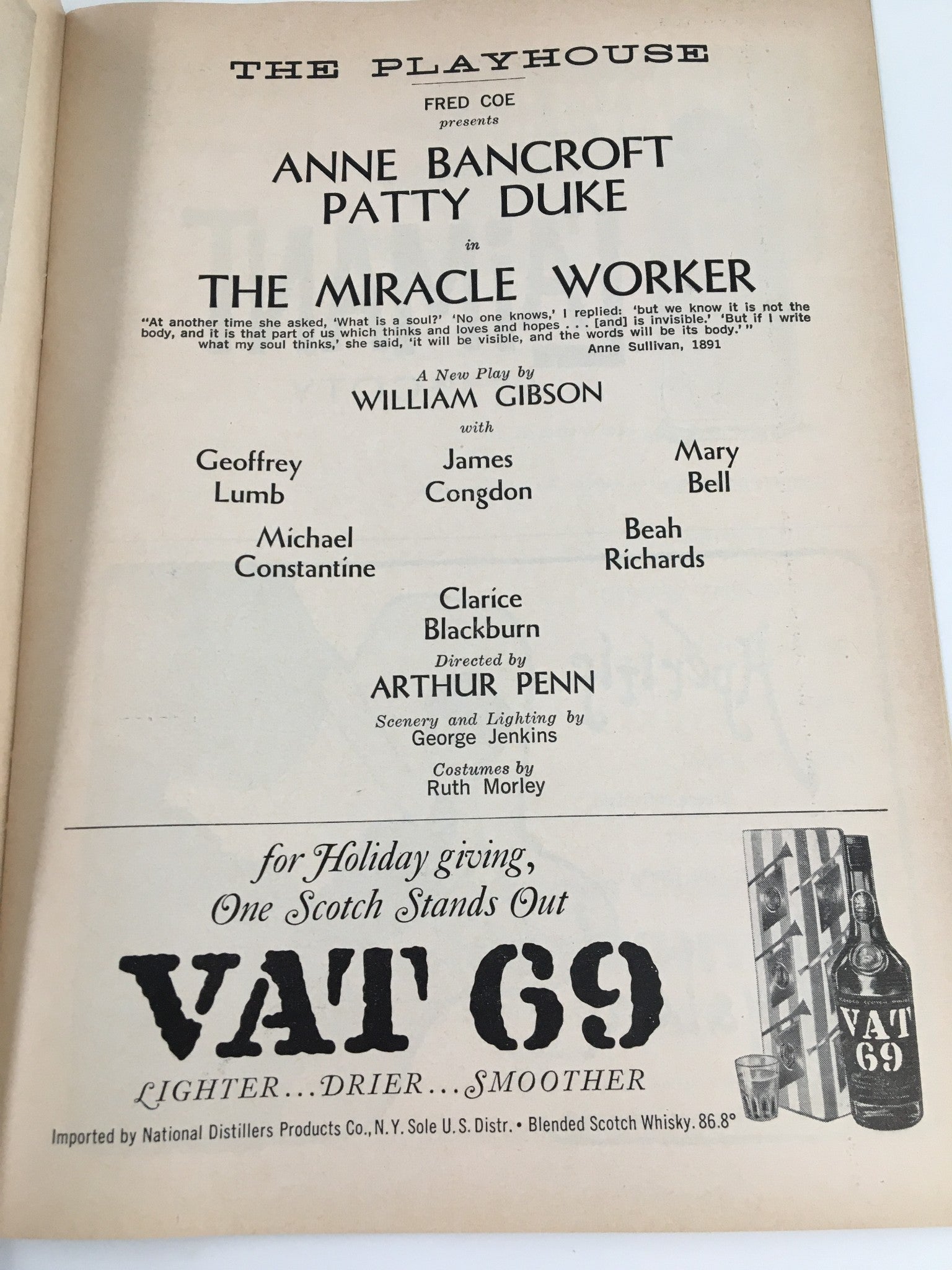 1960 Playbill The Playhouse Anne Bancroft, Patty Duke in The Miracle Worker