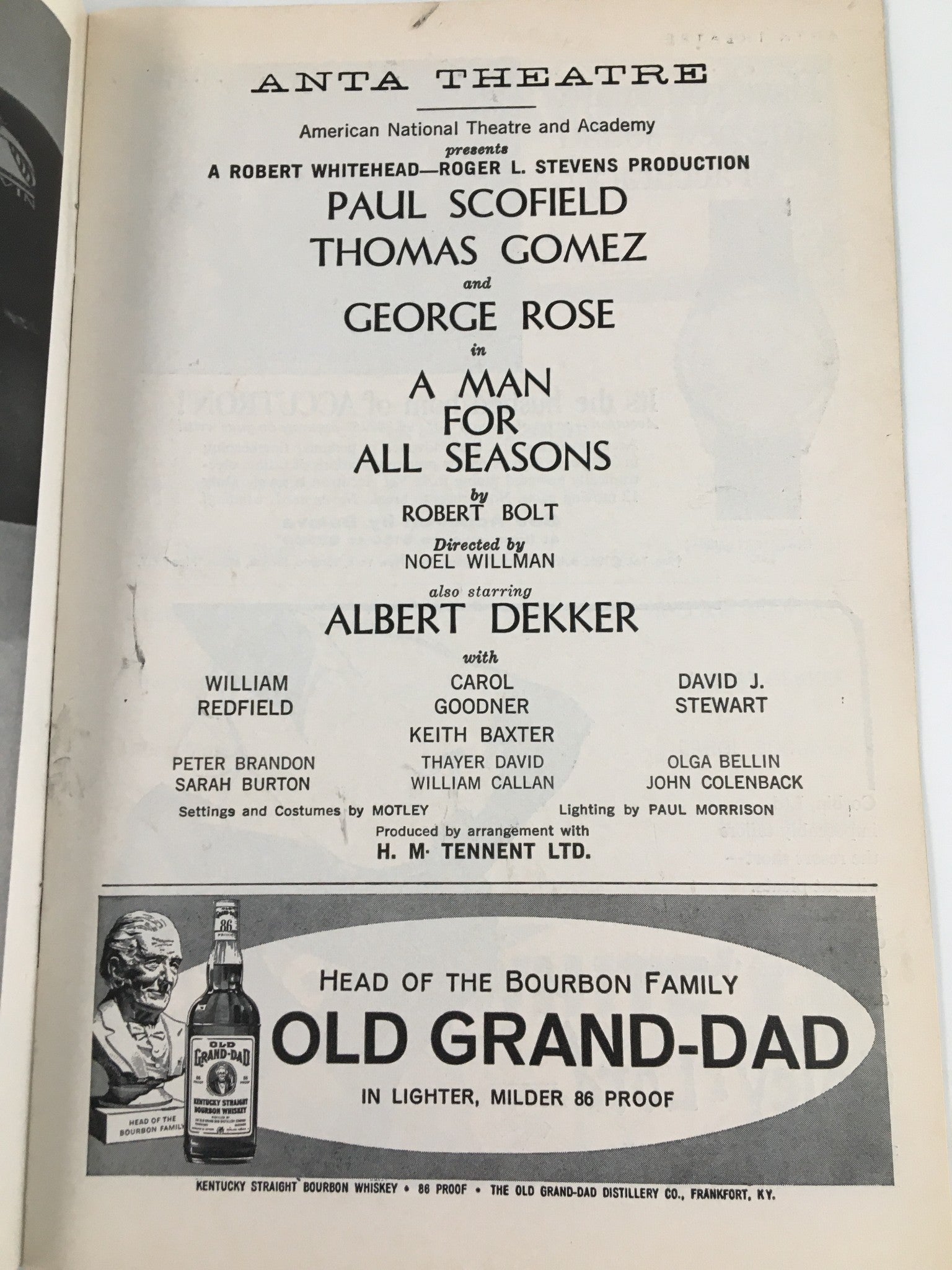 1962 Playbill Anta Theatre Paul Scofield, Thomas Gomez in A Man For All Seasons