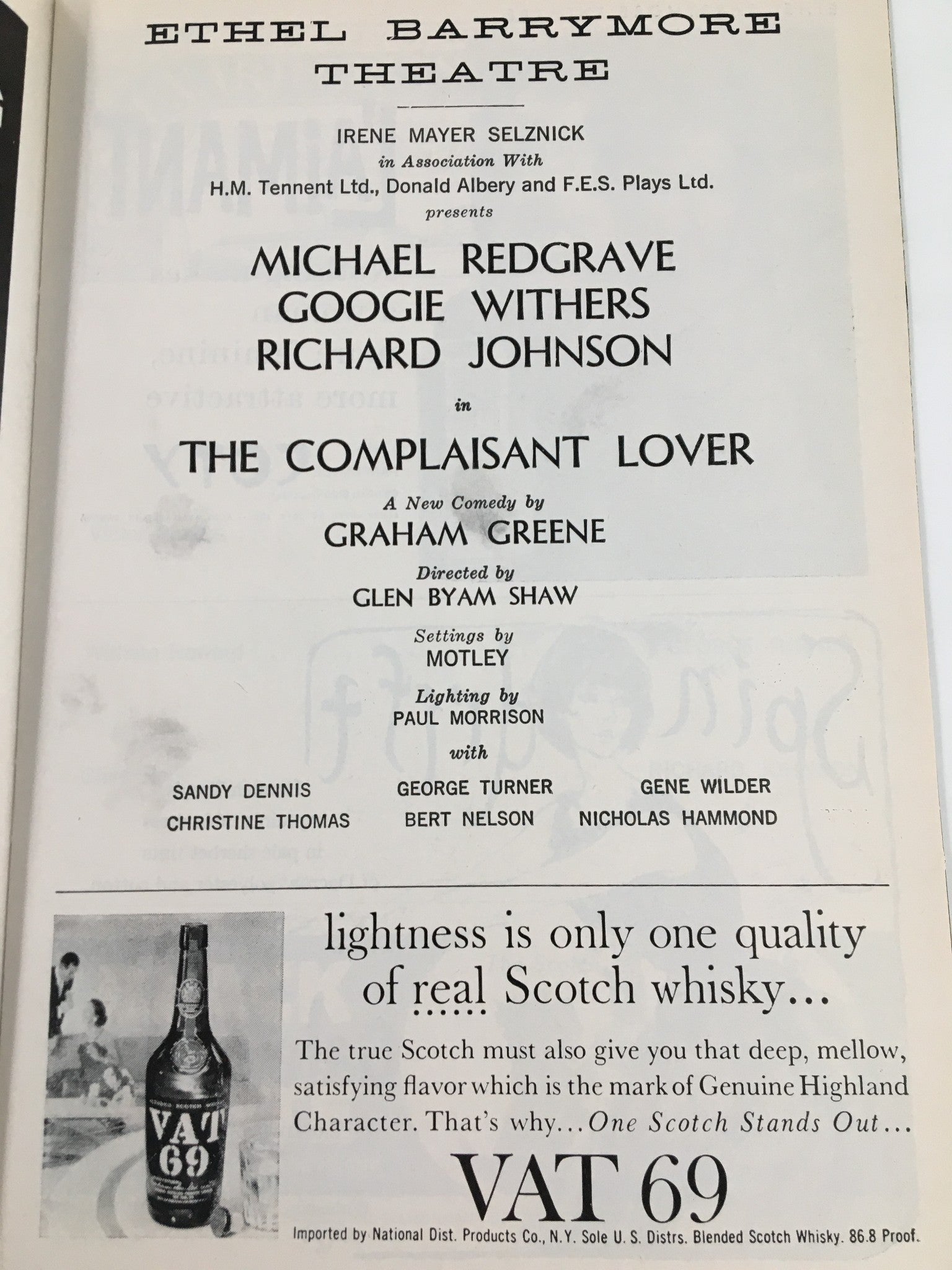 1962 Playbill Ethel Barrymore Theatre Michael Redgrave in The Complaisant Lover