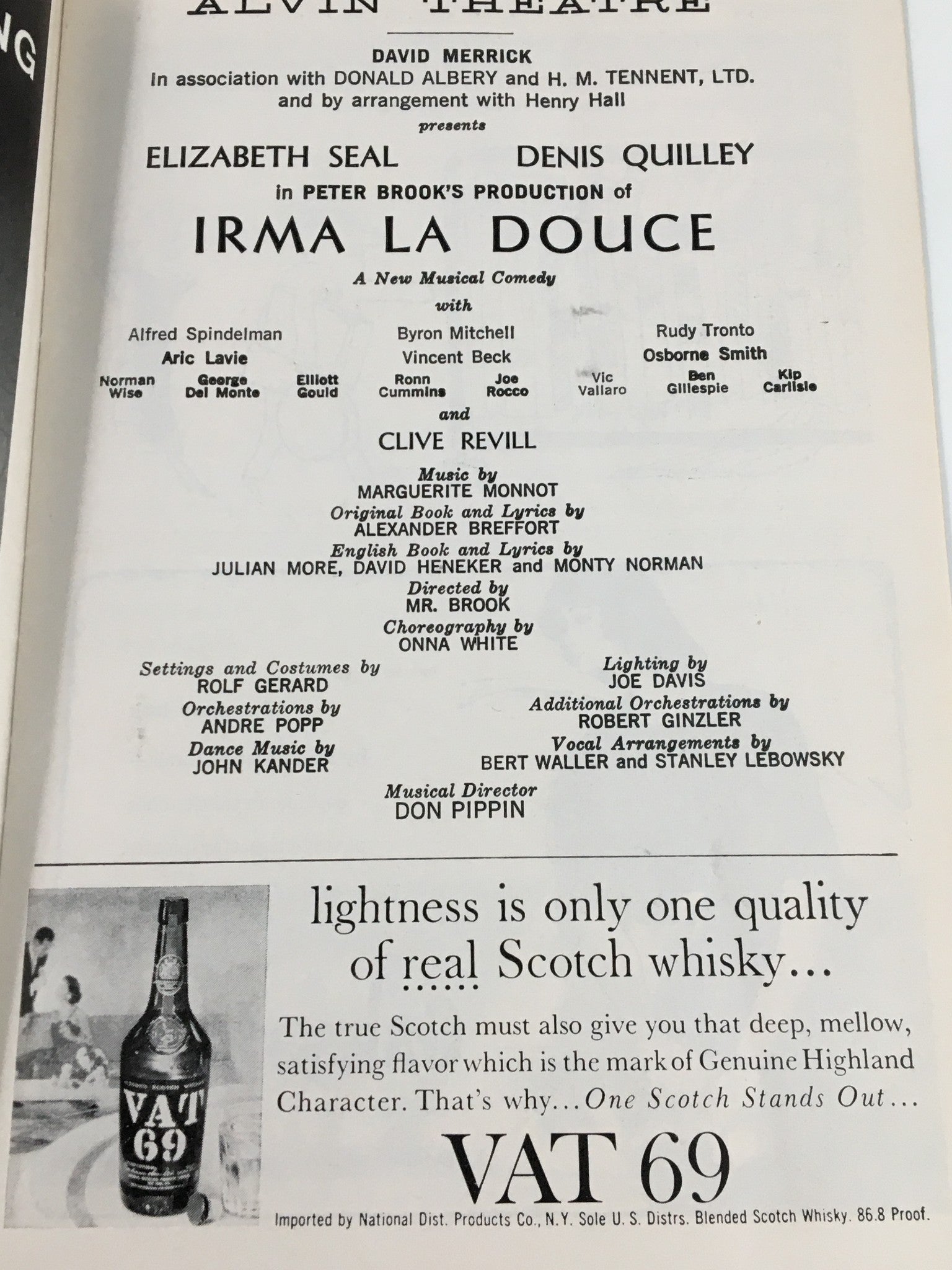 1961 Playbill Alvin Theatre Elizabeth Seal, Denis Quilley in Irma La Douce