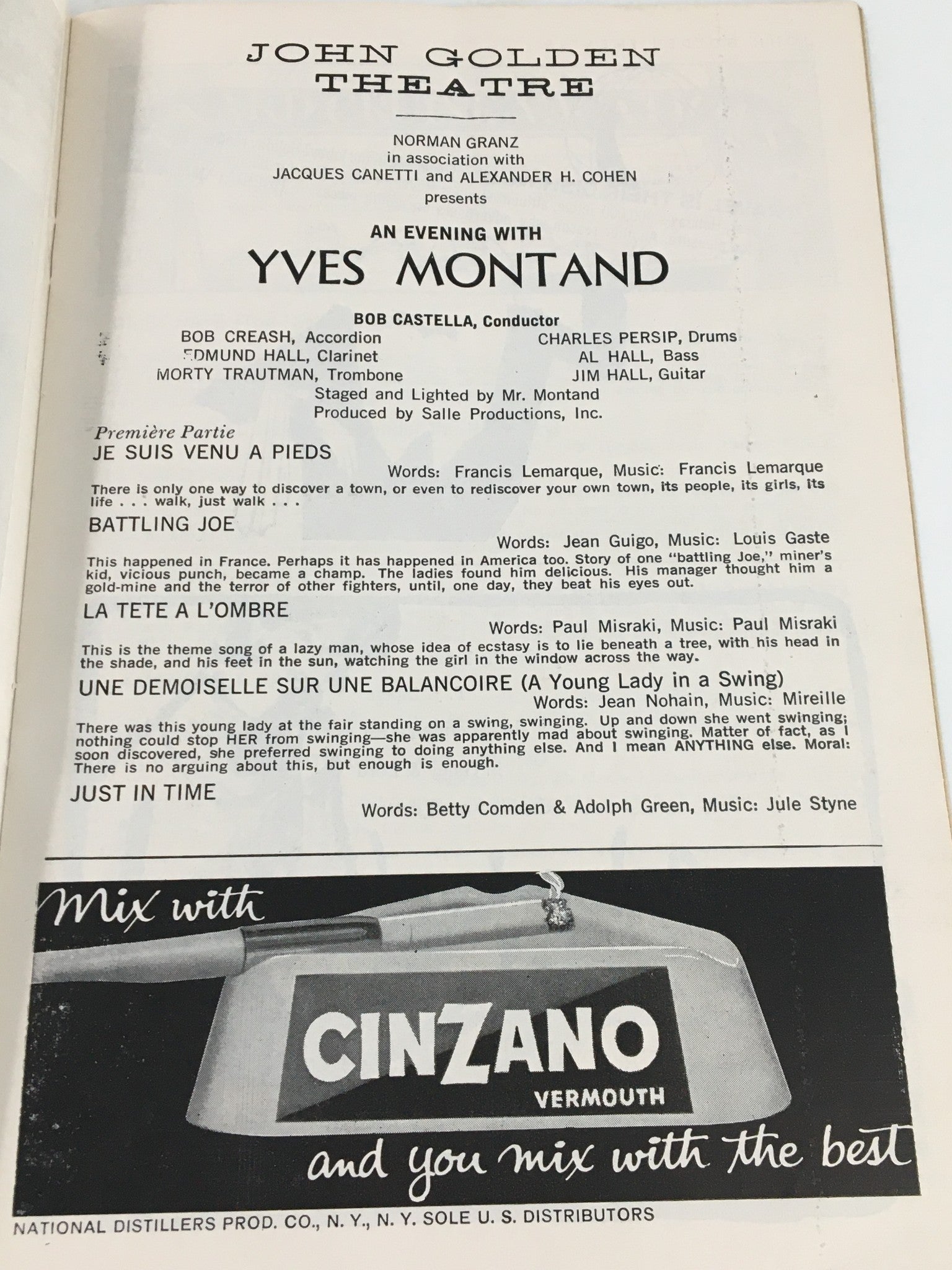 1961 Playbill John Golden Theatre An Evening with Yves Montand