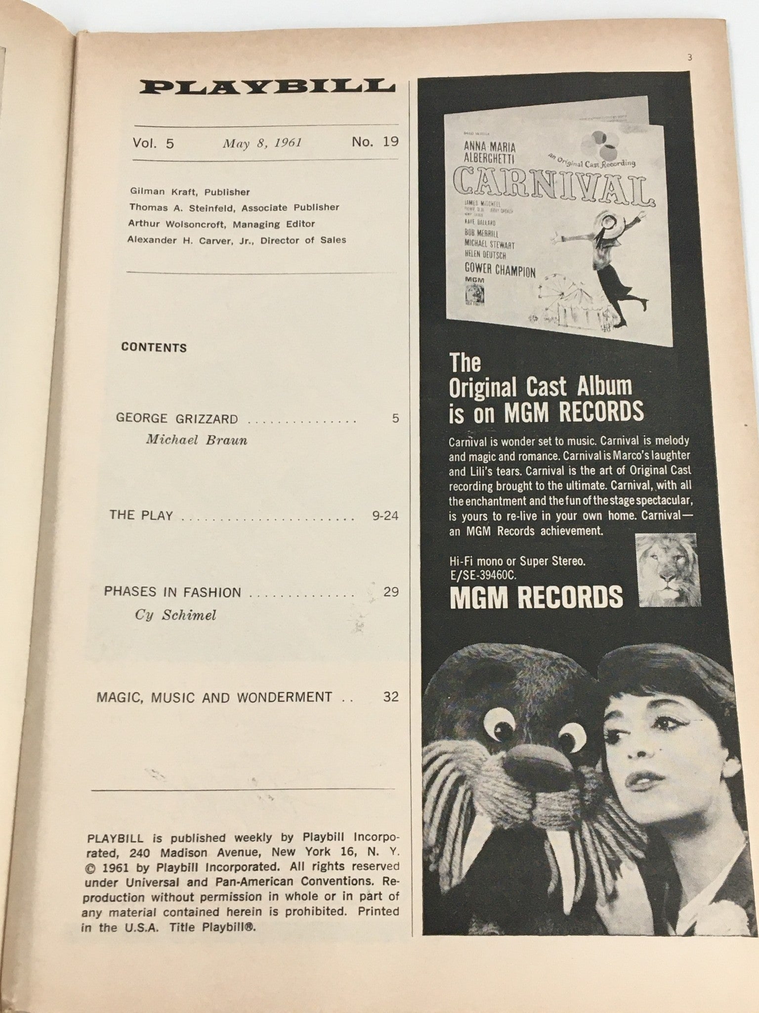 1961 Playbill Imperial Theatre Anna Maria Alberghetti in Carnival!