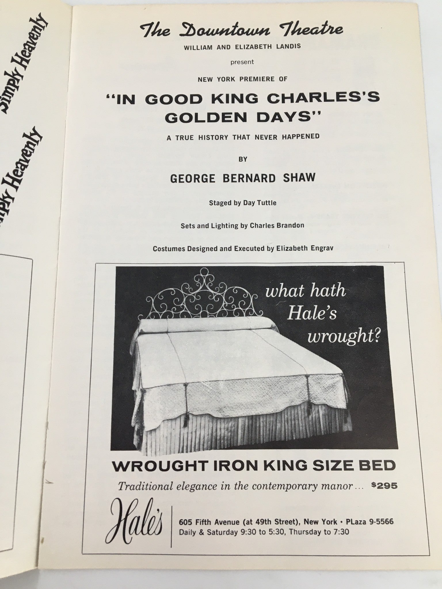 Inside view of the 1939 showbill for The Downtown Theatre showcasing the New York premiere of 'In Good King Charles's Golden Days' by George Bernard Shaw, along with an advertisement for a wrought iron king size bed.