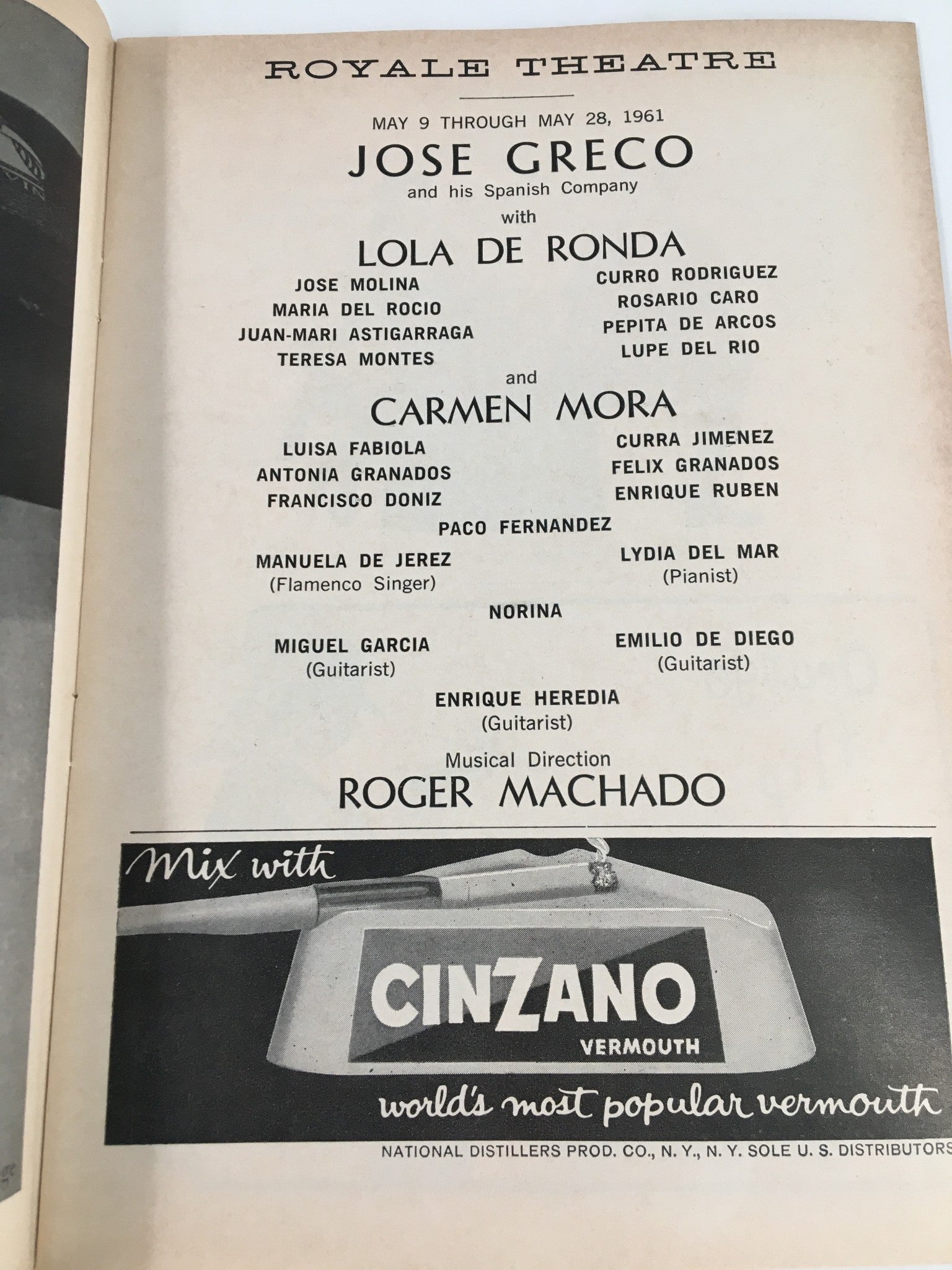 1961 Playbill Royale Theatre Jose Greco and His Company Lola De Ronda