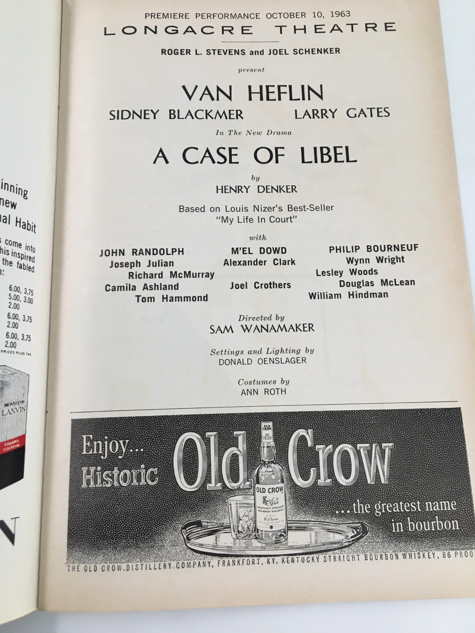 1963 Playbill Longacre Theatre Van Heflin, Larry Gates in A Case of Libel