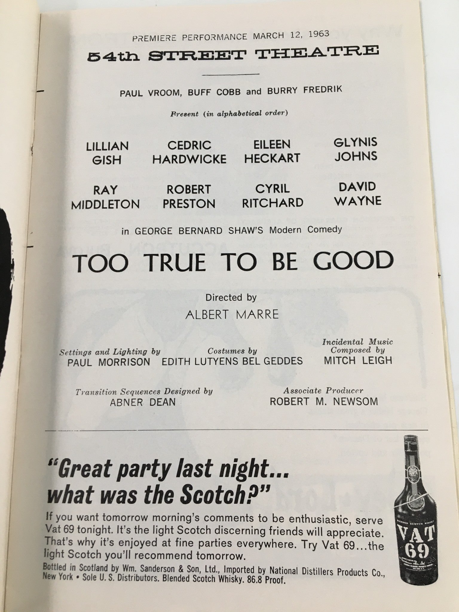 1963 Playbill 54th Street Theatre Lillian Gish in Too Good To Be True