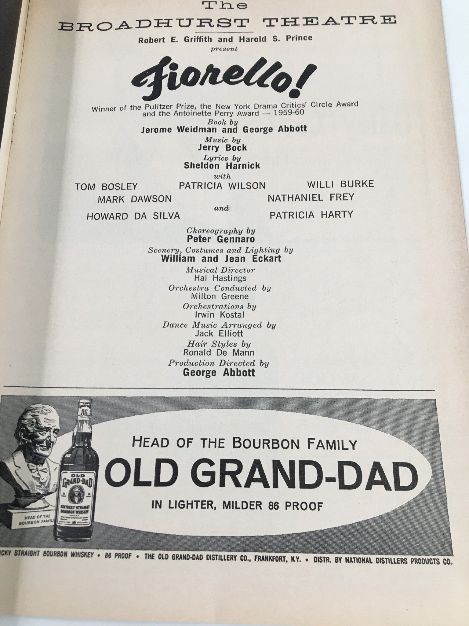 1961 Playbill The Broadhurst Theatre Tom Bosley, Patricia Wilson in Fiorello!