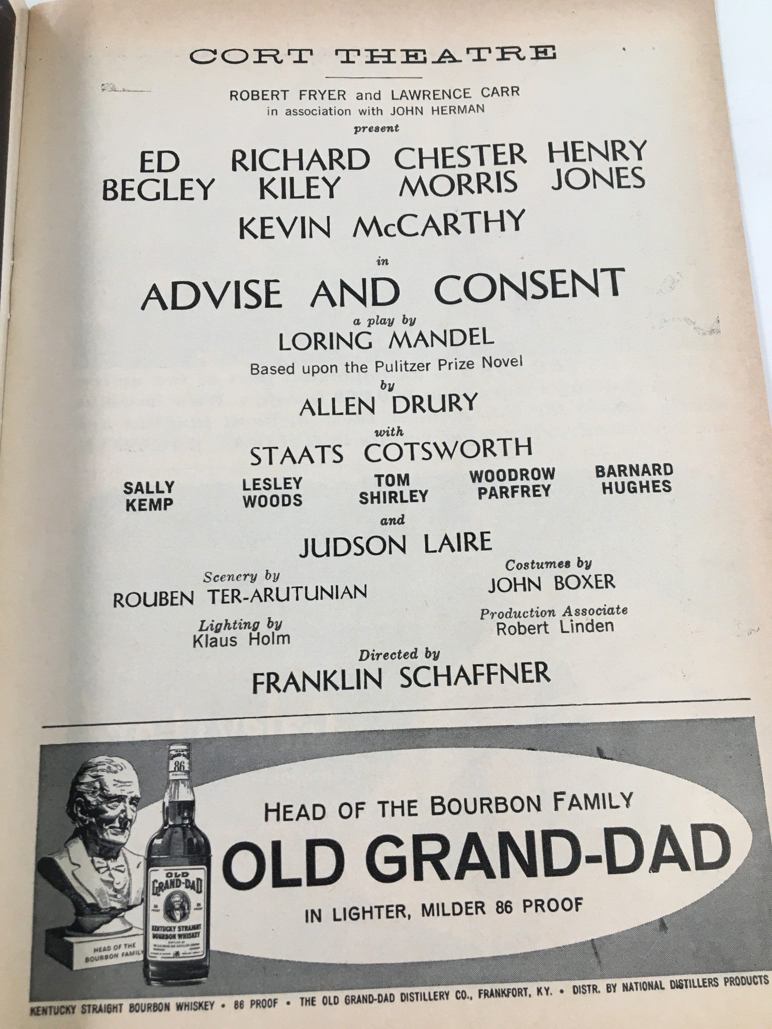 1961 Playbill Cort Theatre Ed Begley, Henry Jones in Advise and Consent