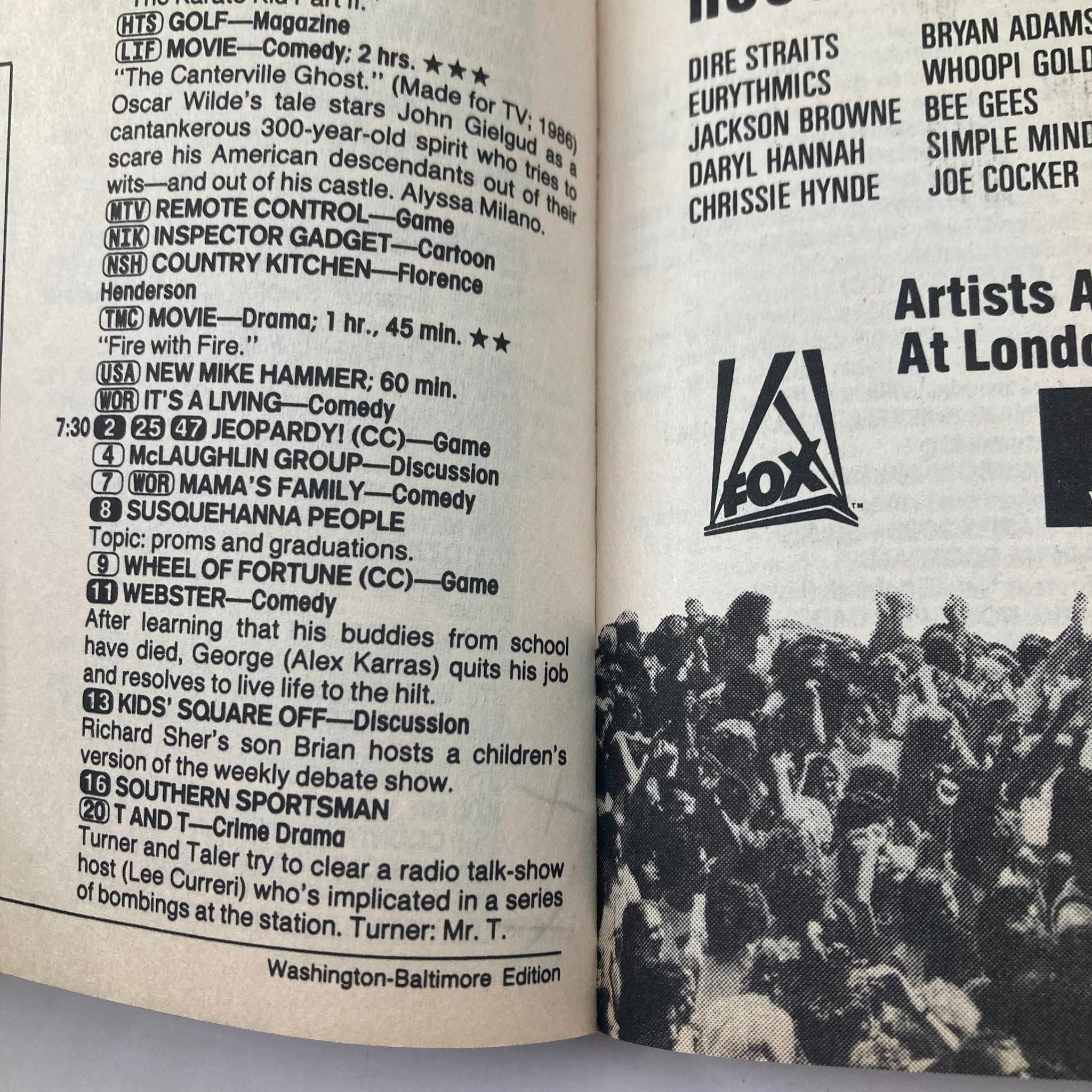 Inside page of TV Guide Magazine June 11 1988 displaying a detailed television schedule including shows like Jeopardy! and Wheel of Fortune, highlighting programming for the Washington-Baltimore edition.