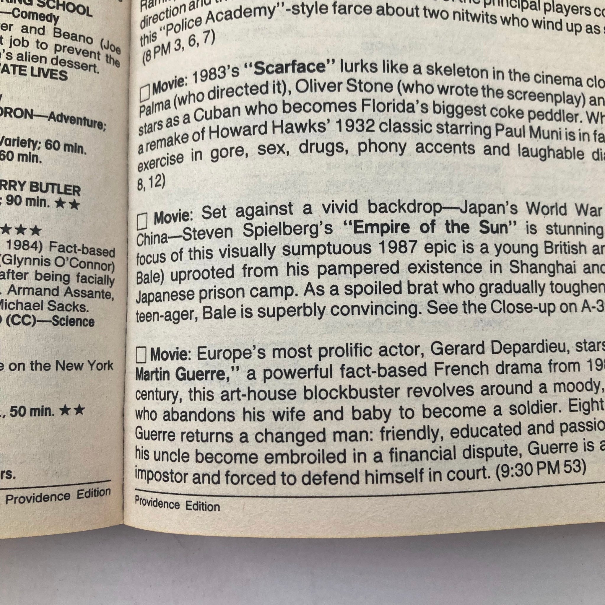 Interior page of TV Guide Magazine January 7 1989 featuring movie reviews including 'Scarface,' 'Empire of the Sun,' and 'Martin Guerre.' The page is from the Providence Edition of the magazine.