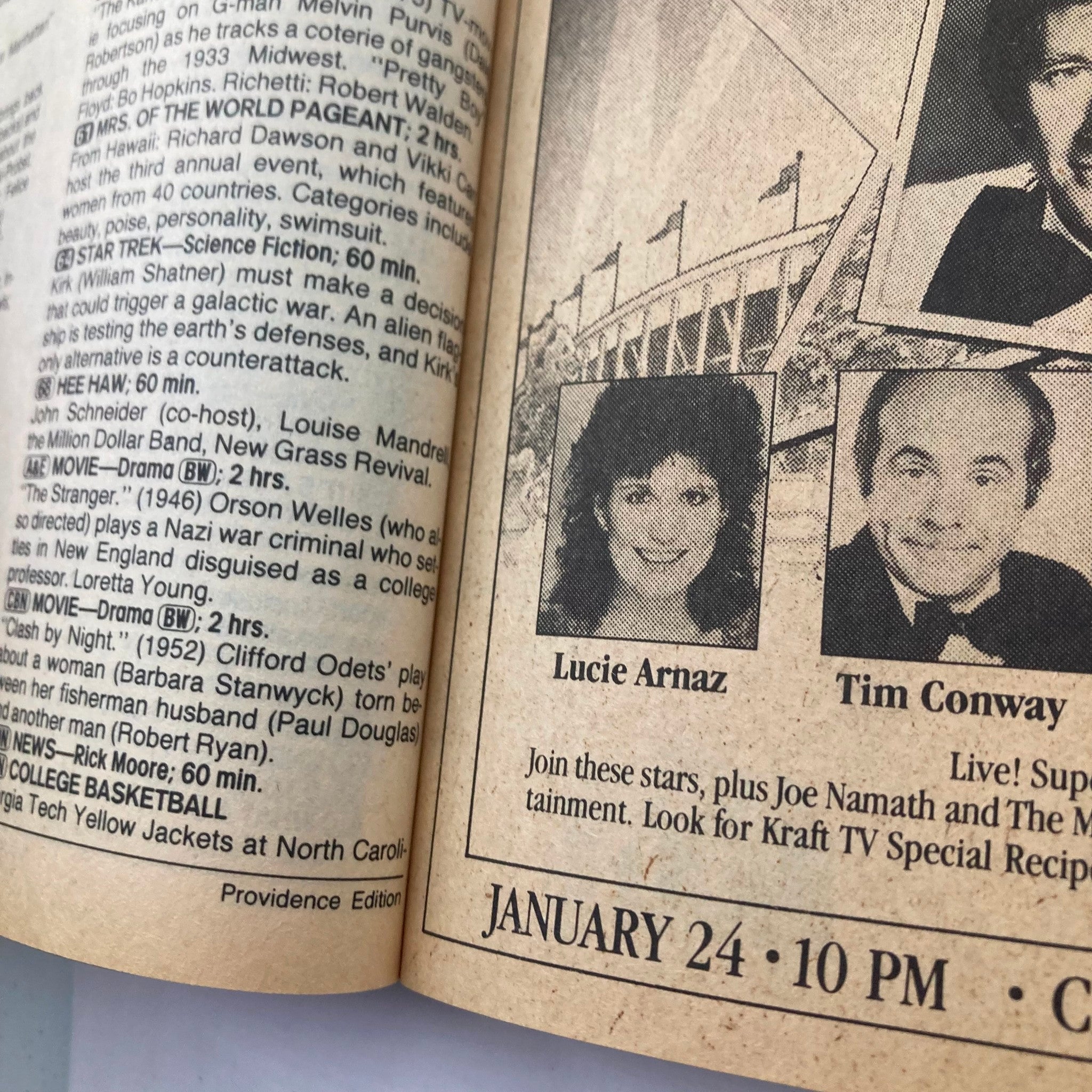 Inside page of the TV Guide Magazine January 24 1987 highlighting programming with images of stars Lucie Arnaz and Tim Conway.